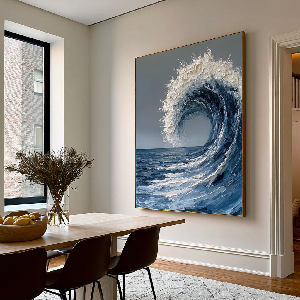 Large Ocean Wave Wall Art Textured Oil Painting Abstract Sea Wave Artwork Coastal Blue Ocean Decor Modern Luxury Interior Design
