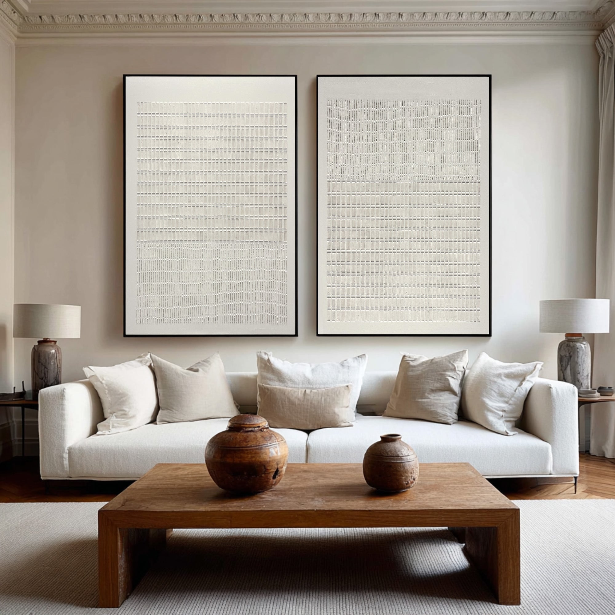 Large Minimal Abstract Oil Painting Set, Beige Grid Textured Wall Art for Living Room Decor #WAC 019