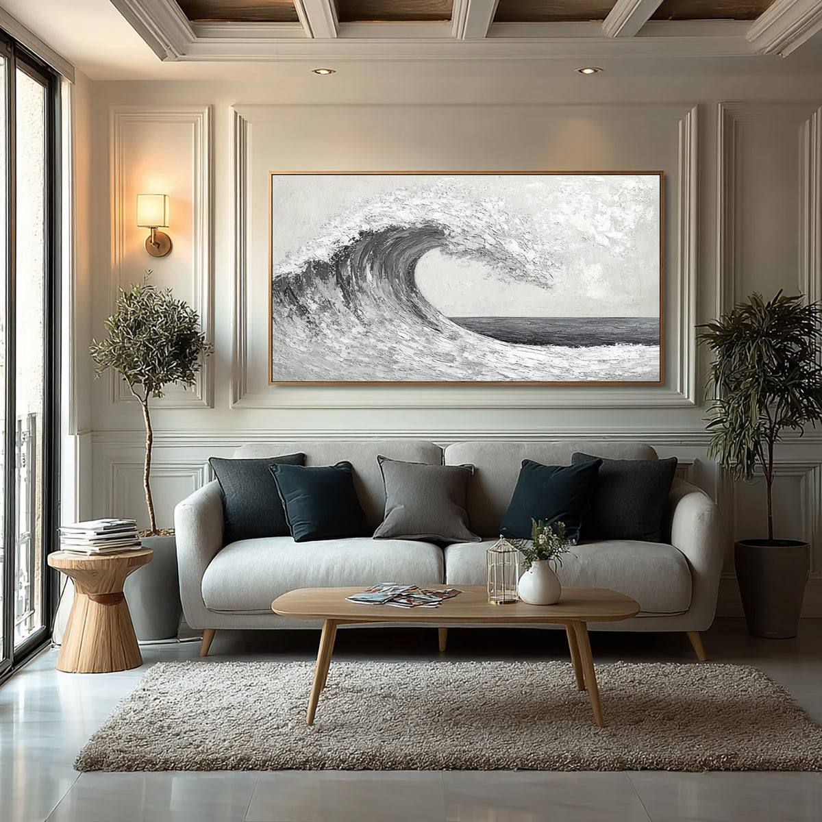 Black White Ocean Wave Textured Oil Painting Large Seascape Wall Art Hand Painted Coastal Artwork