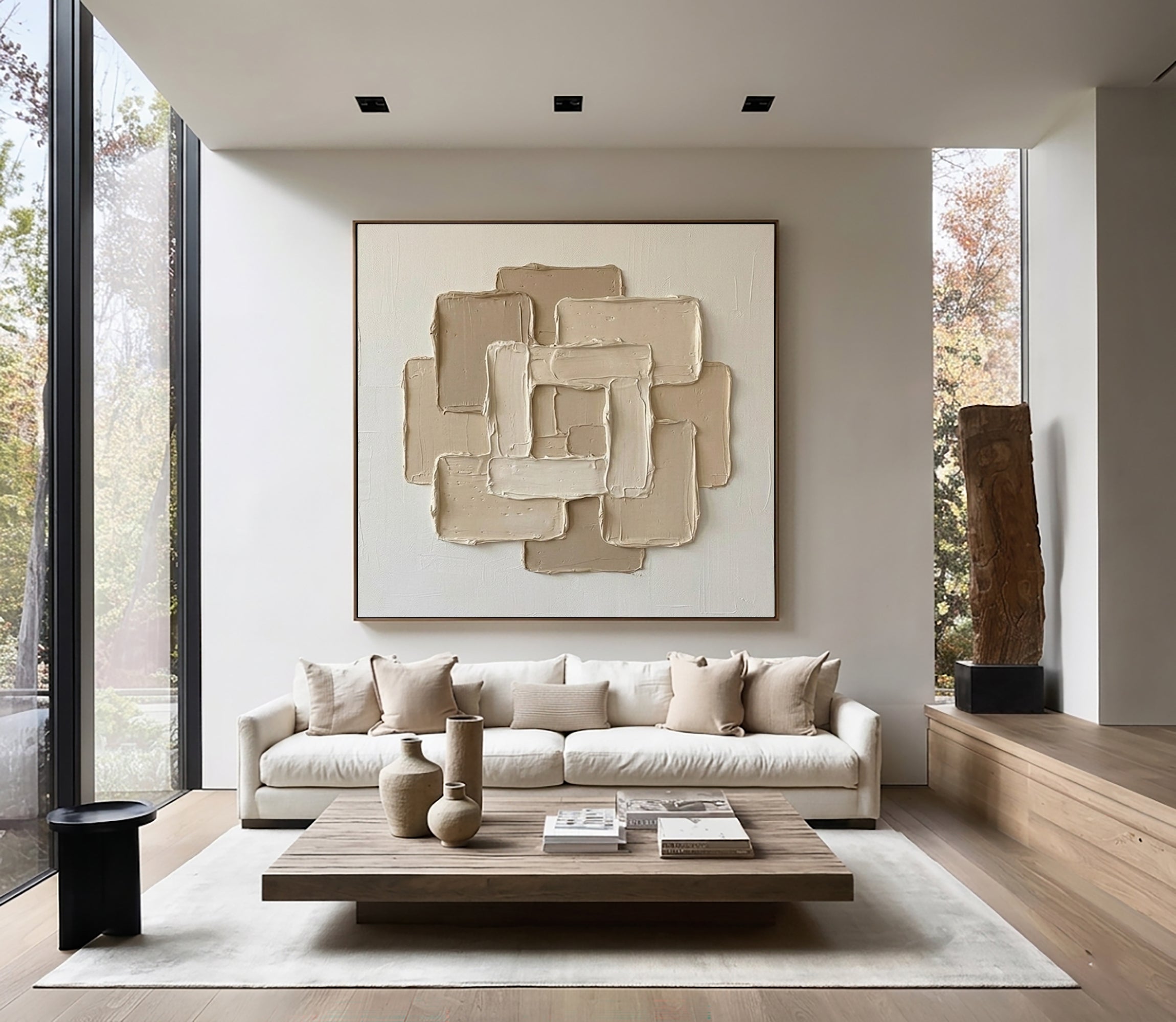 Large Textured Canvas Oil Painting – Minimalist Beige Wall Artwork
