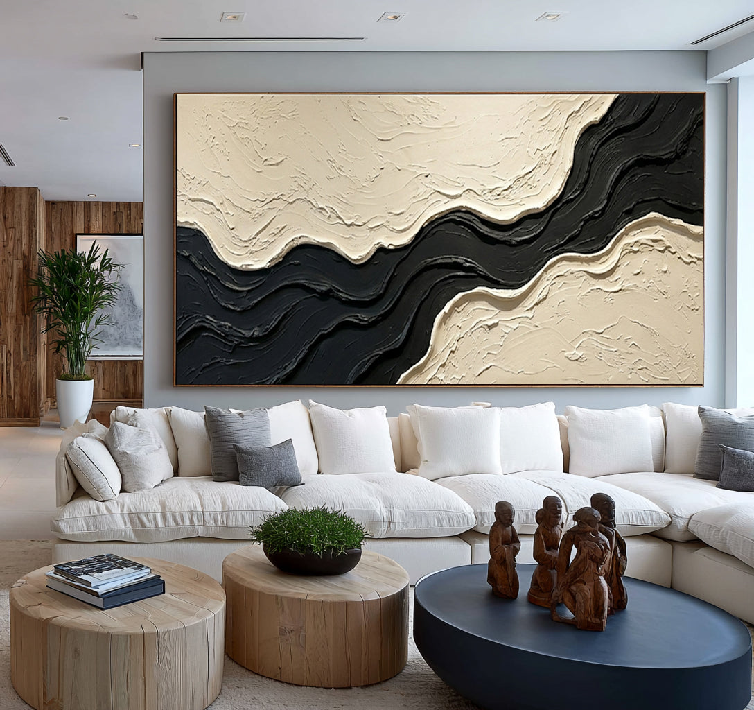 Large Architectural Textured Abstract Wall Art Black Ivory Oil Painting Contemporary Minimalist Artwork Luxury Interior Decor