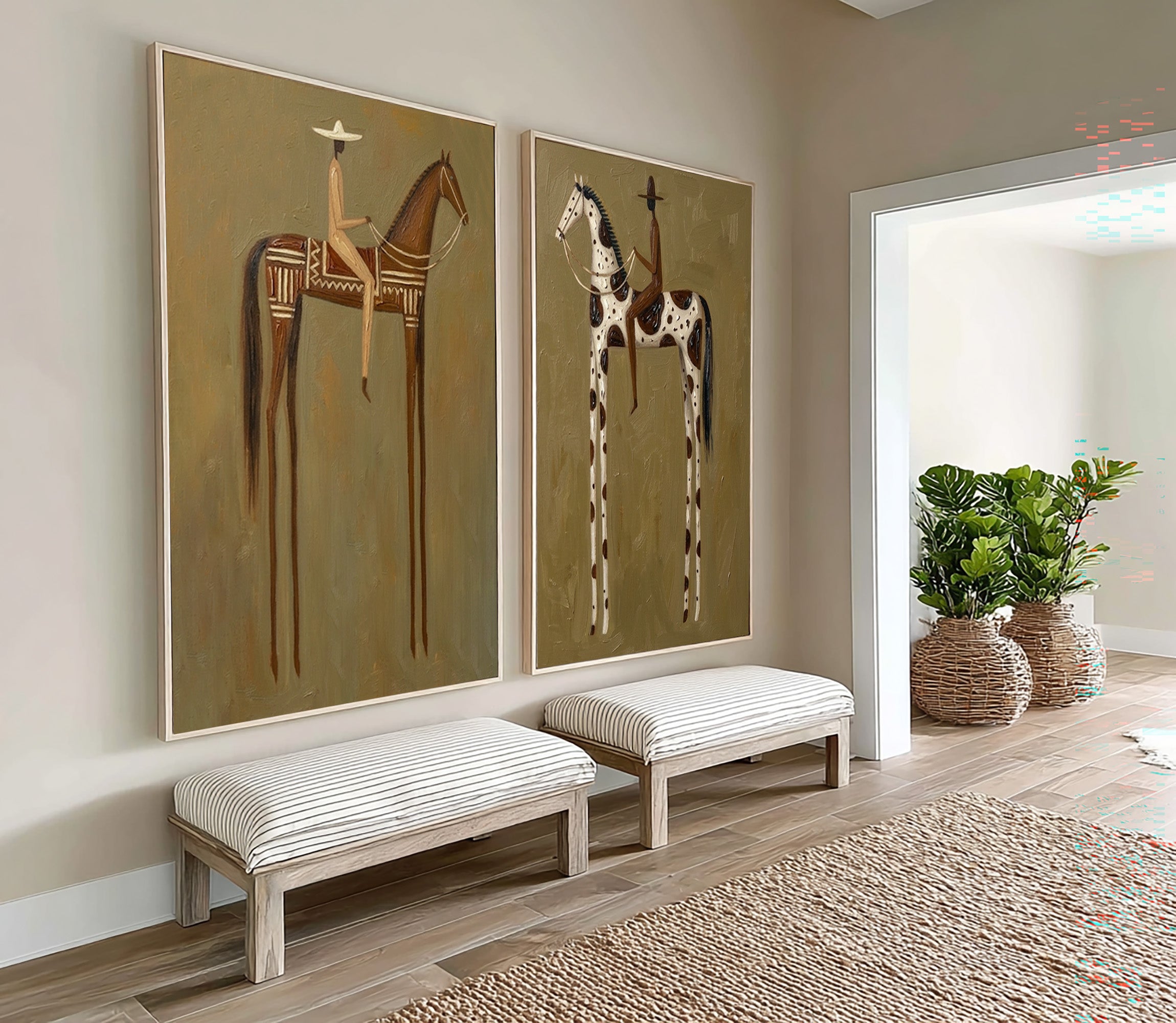 Large Contemporary Cowboy Horse Wall Art Minimalist Western Canvas Diptych