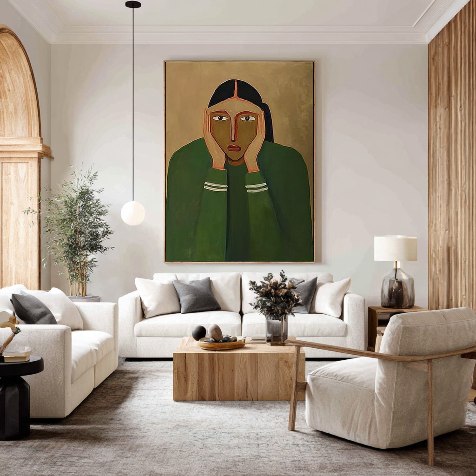 Large Modern Abstract Portrait Oil Painting in Green Tones, Emotional Wall Art for Living Room #WAC 030