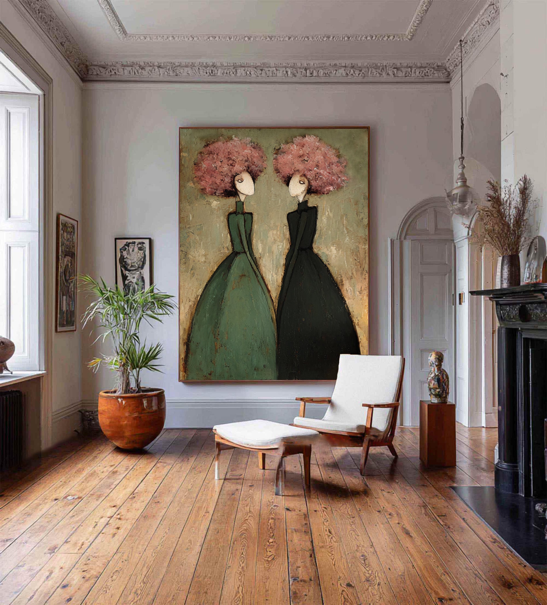 Large Contemporary Portrait Oil Painting on Canvas – Green and Pink Modern Wall Art #WAC 035