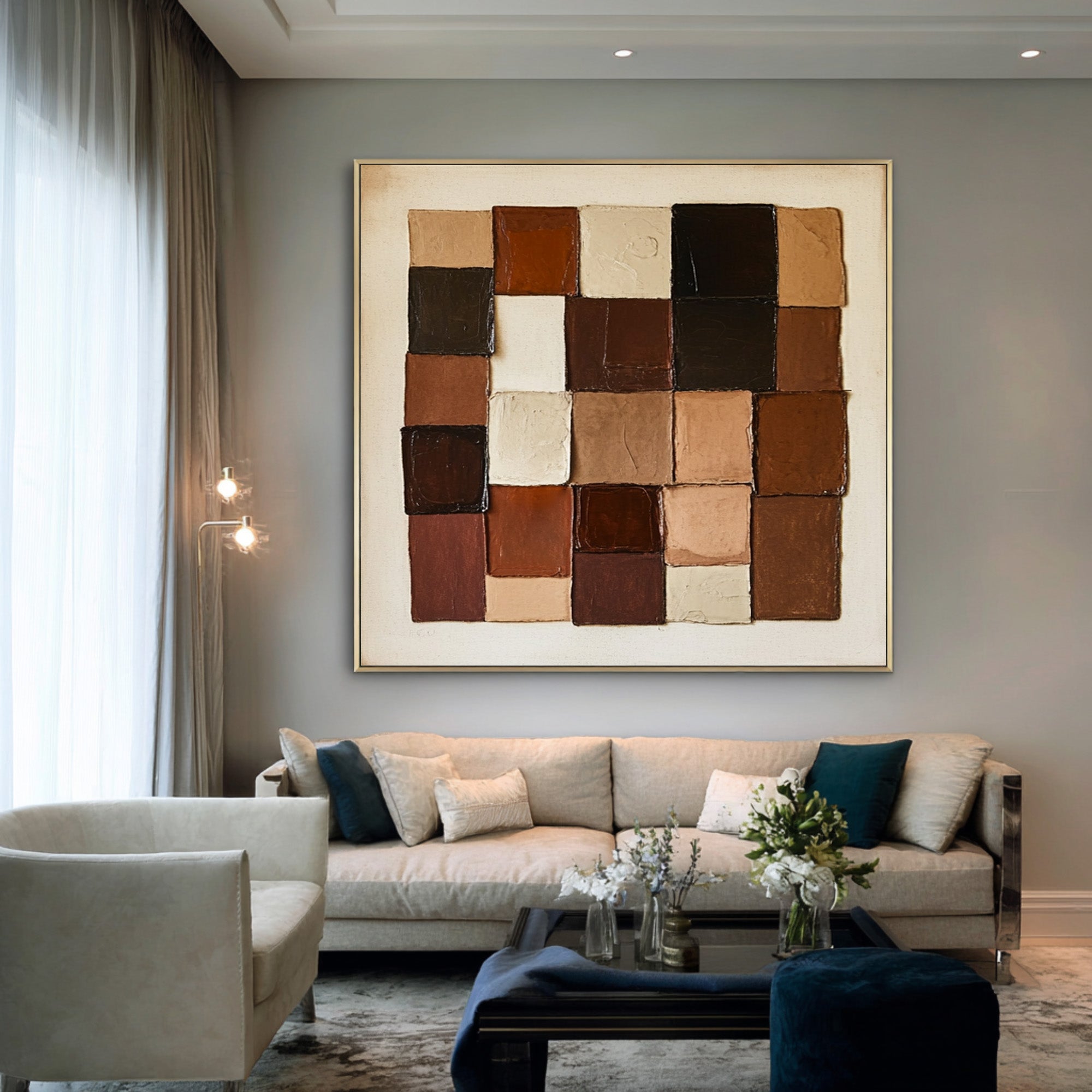 Large Geometric Block Abstract Oil Painting, Earth Tone Wall Art for Modern Entryway Decor #WAC 010