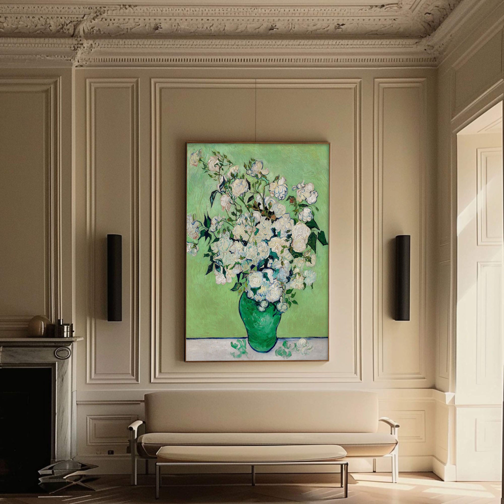 White Roses in Green, Modern Post-Impressionism Wall Art #BGA 078