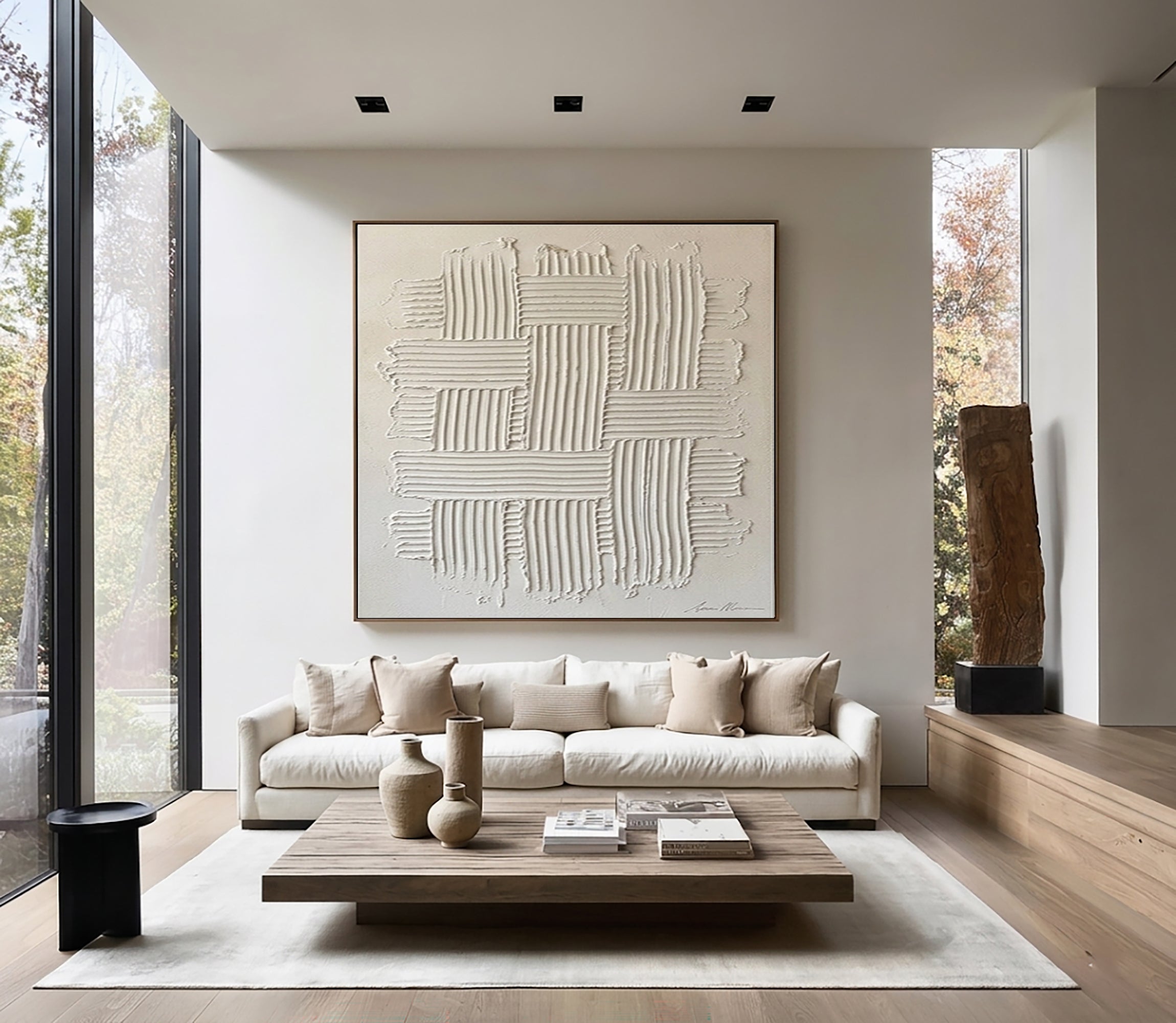 Large Woven Texture Wall Art Hand Painted Neutral Abstract Canvas