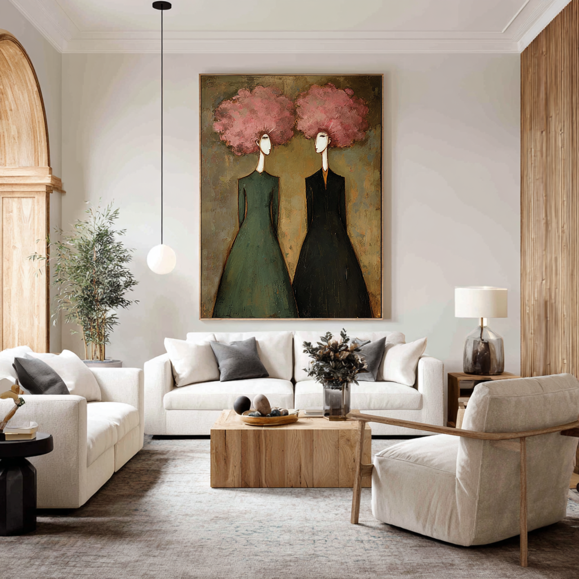 Large Abstract Pink Portrait Oil Painting – Green and Black Modern Wall Art Decor #WAC 044