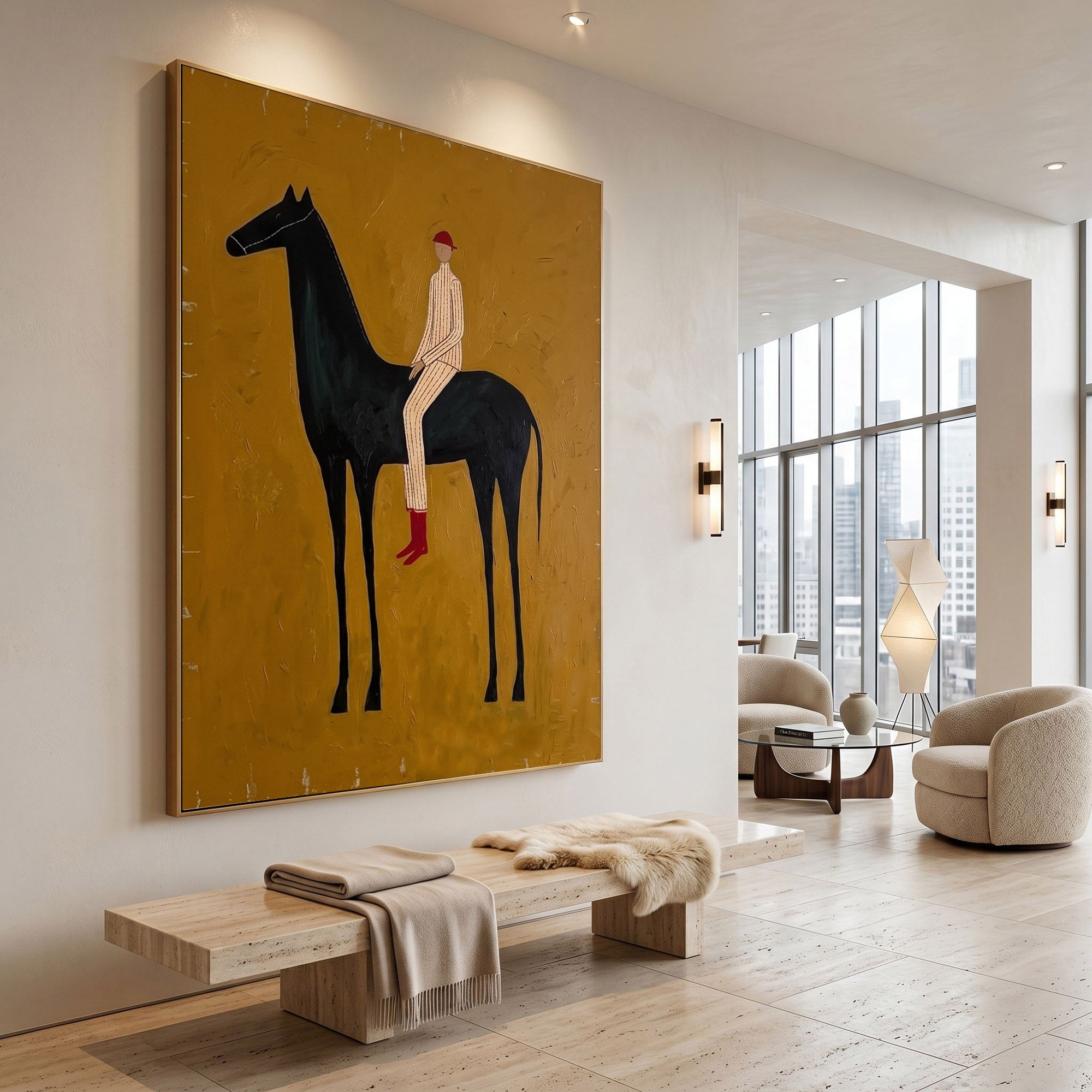Large Cowboy Horse Wall Art Minimalist Western Oil Painting Ranch Style Decor