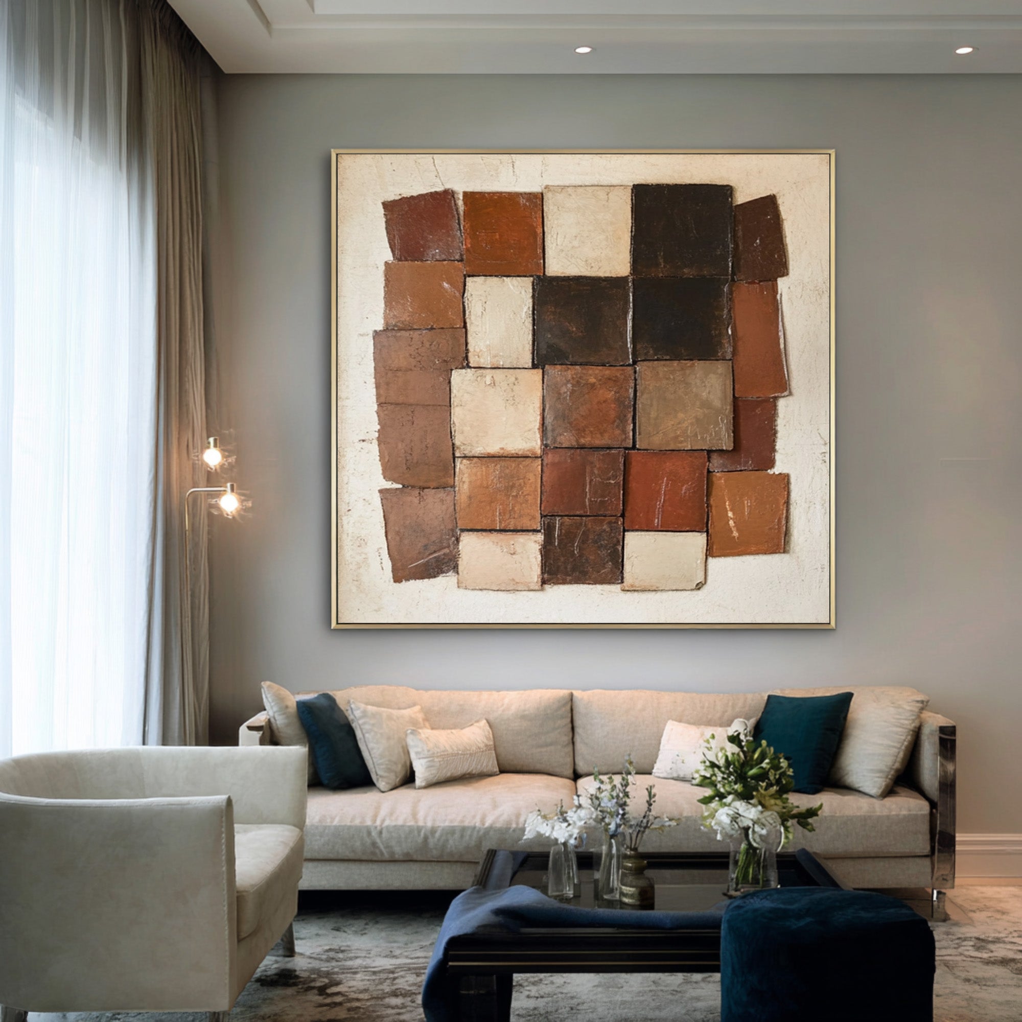 Large Textured Abstract Oil Painting in Earth Tones, Geometric Modern Wall Art for Living Room #WAC 007