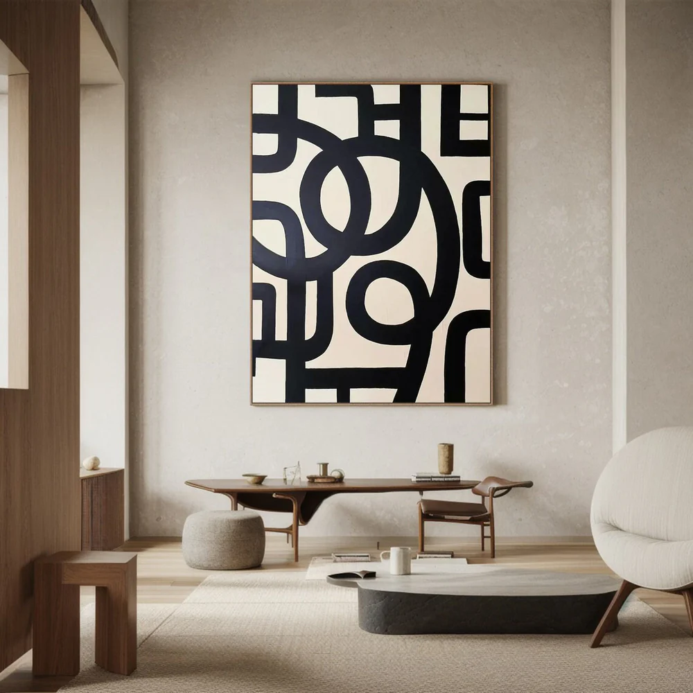 Large Modern Abstract Oil Painting, Black and White Geometric Wall Art for Living Room #WAC 031