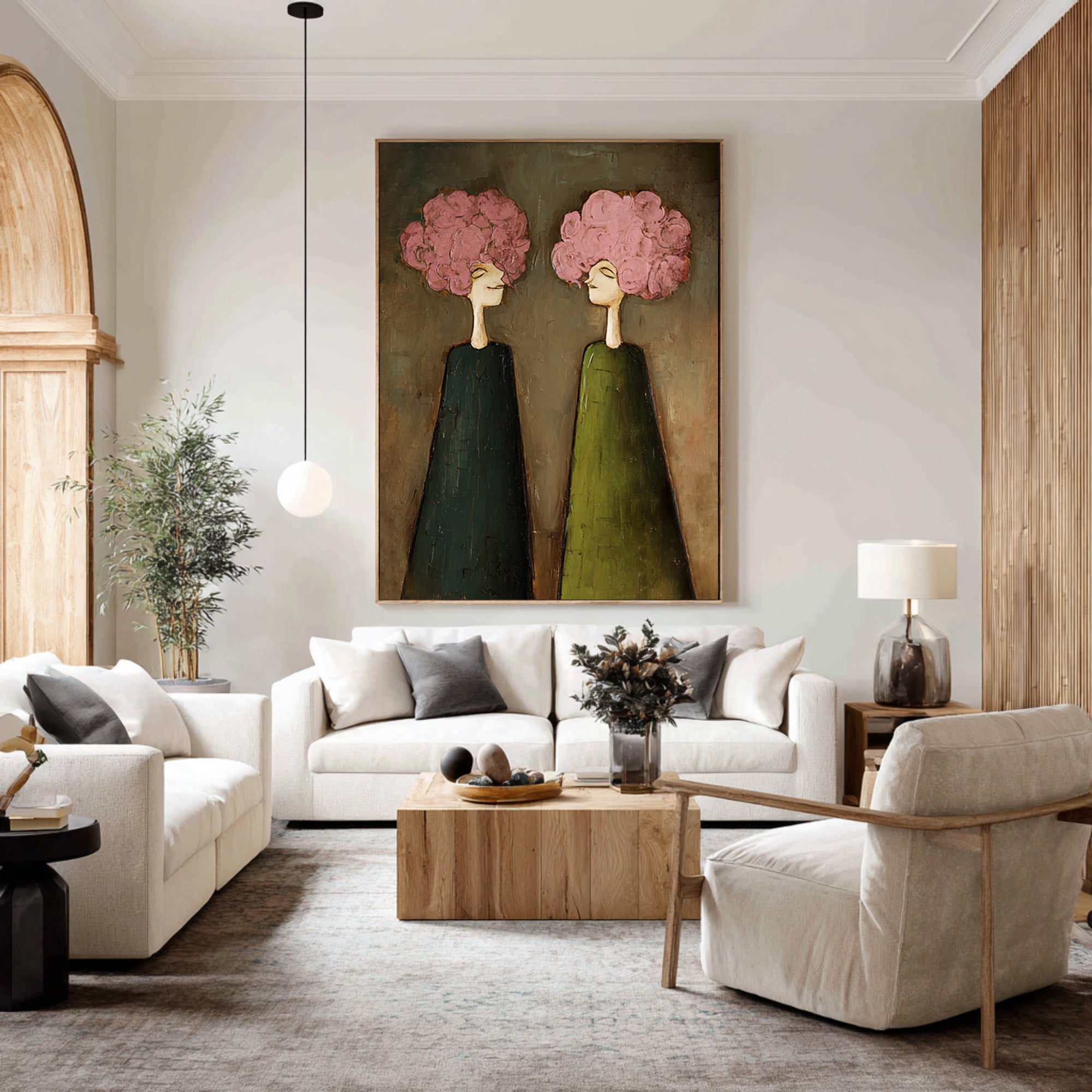 Large Pink Floral Portrait Oil Painting on Canvas – Modern Green Dress Wall Art #WAC 041