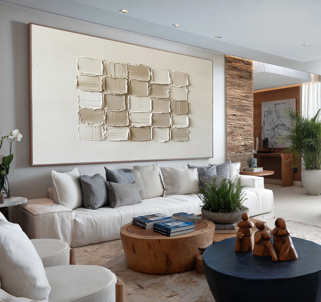 Large Beige Geometric Texture Wall Art Hand Painted Modern Canvas