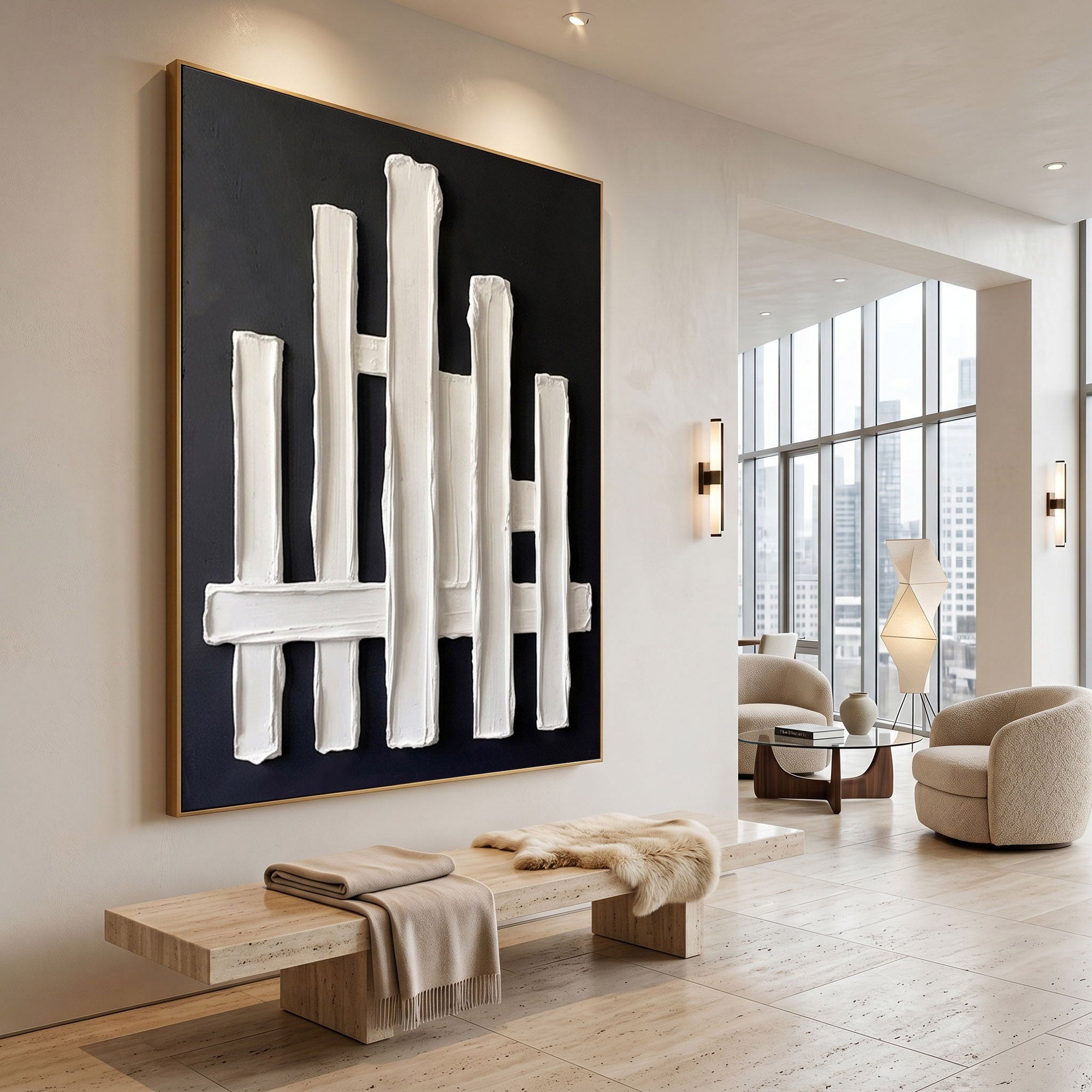 Large Ivory Plaster Wall Art 3D Textured Abstract Relief Painting Modern Minimalist Home Decor