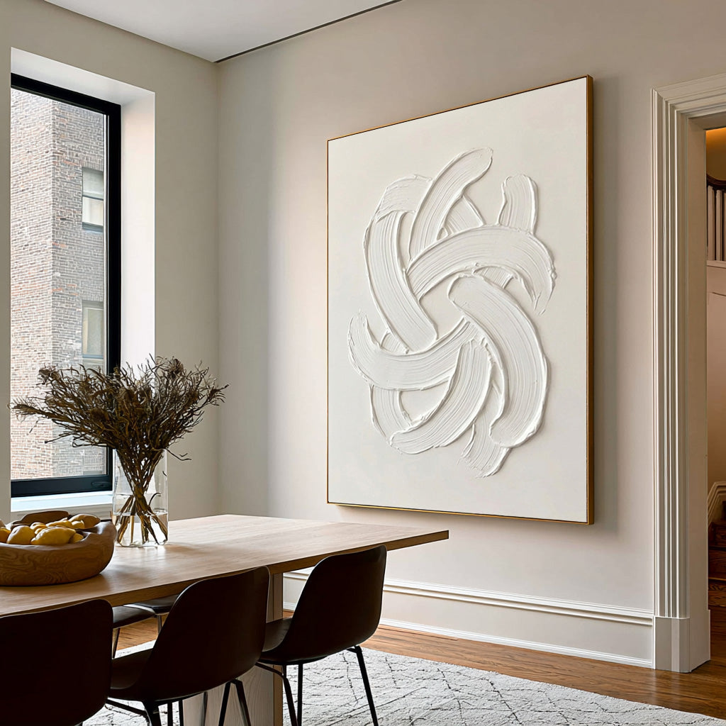 Large Modern White Abstract Wall Art Textured Oil Painting 3D Sculptural Relief Minimalist Contemporary Interior Artwork