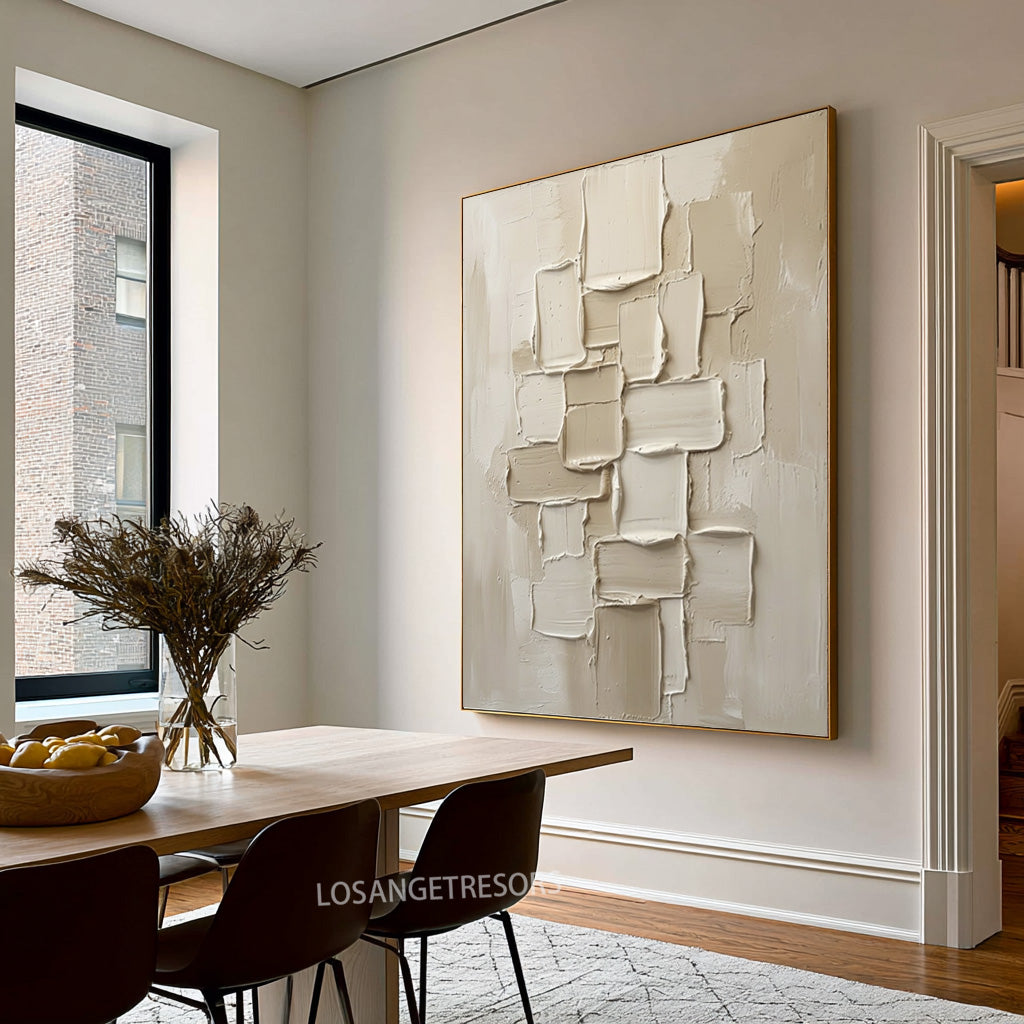 Large Organic Modern Sculptural Wall Art Ivory Cream Geometric Textured Abstract Painting Neutral Home Decor