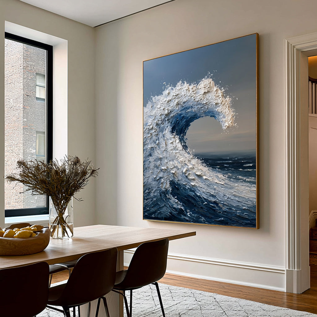 Large Coastal Ocean Wave Wall Art Textured Oil Painting Blue Sea Artwork Modern Beach House Decor Luxury Interior Design