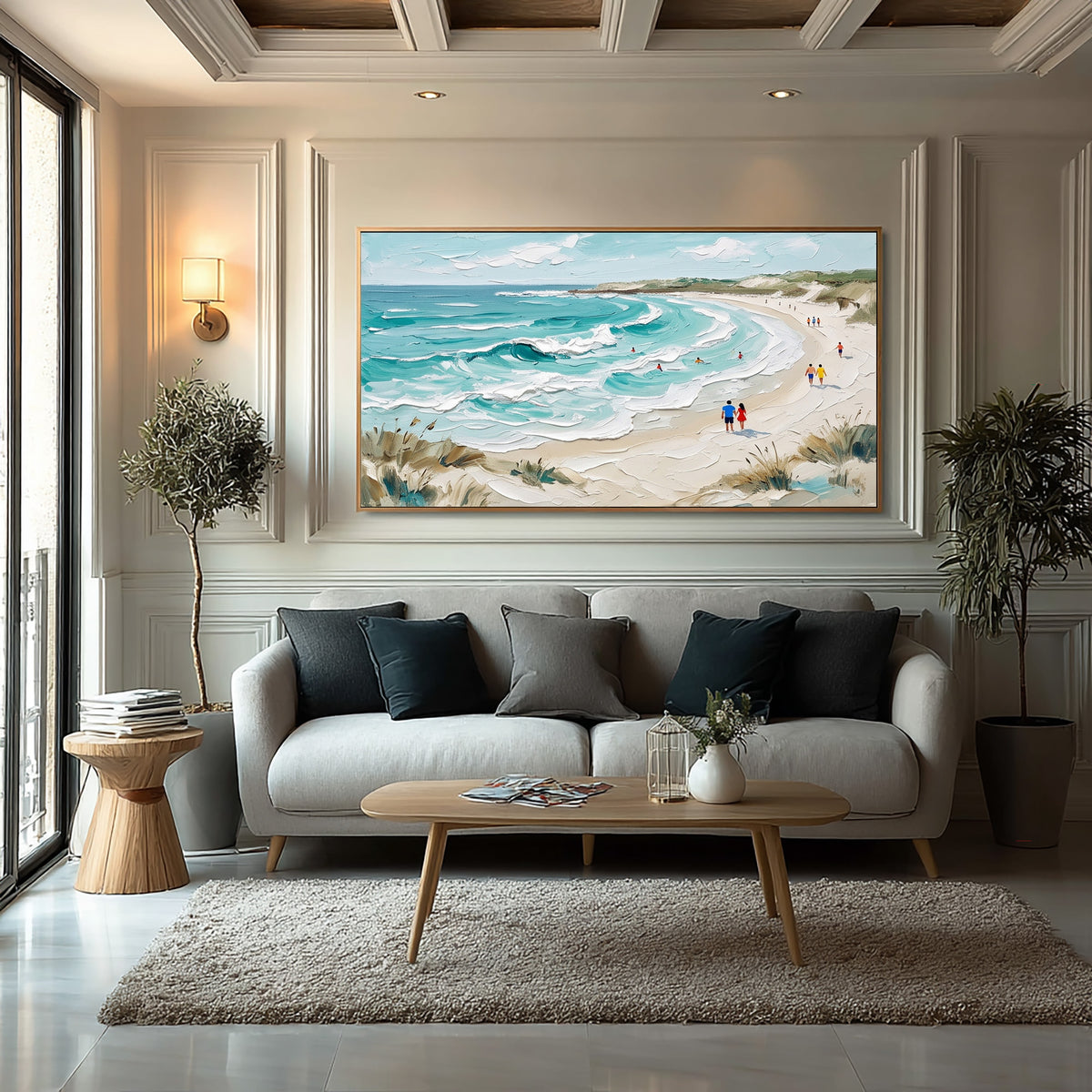 Large Textured Beach Painting Turquoise Ocean Waves Coastal Wall Art
