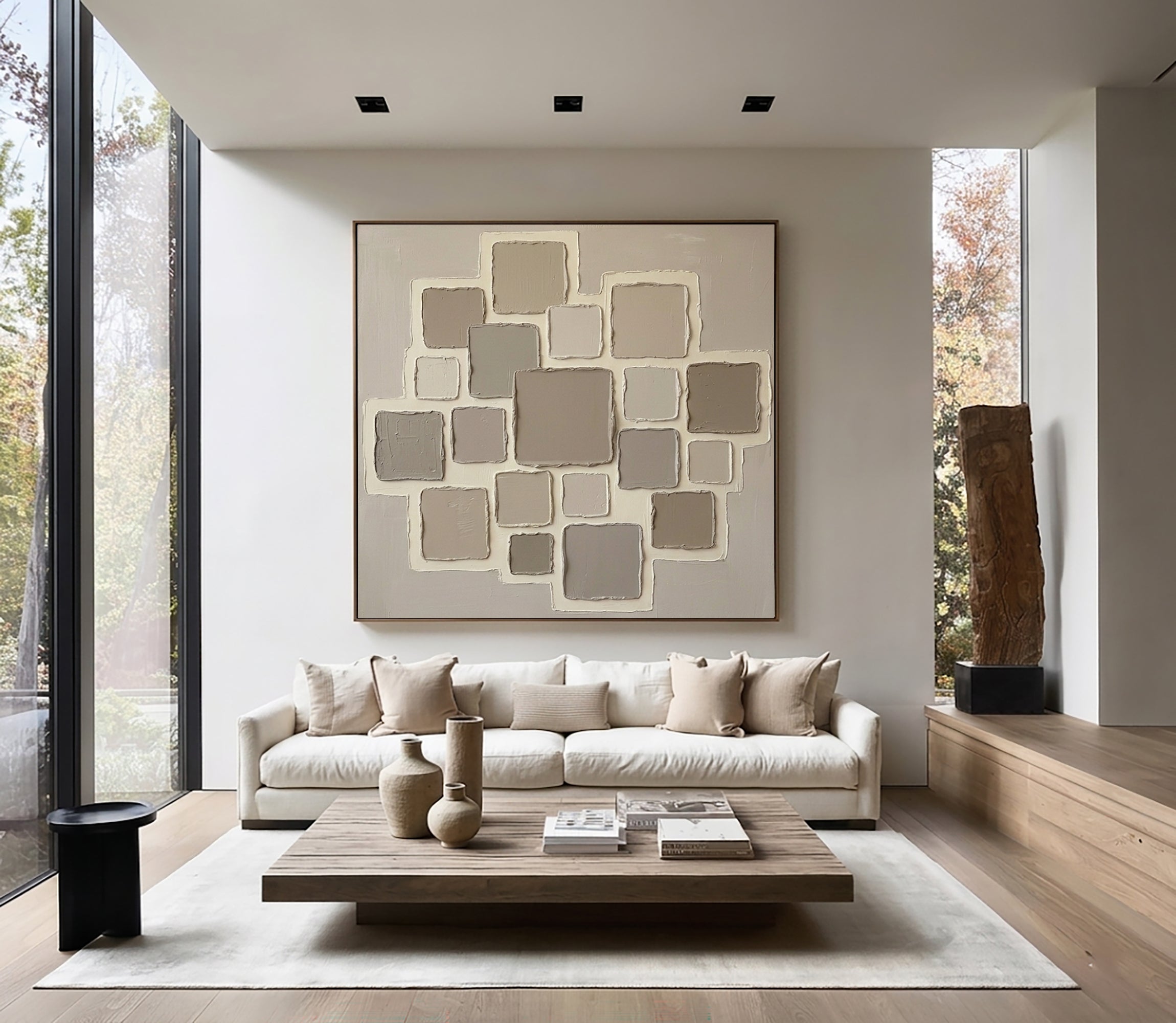 Large Neutral Geometric Oil Painting – Minimalist Beige Texture Wall Art