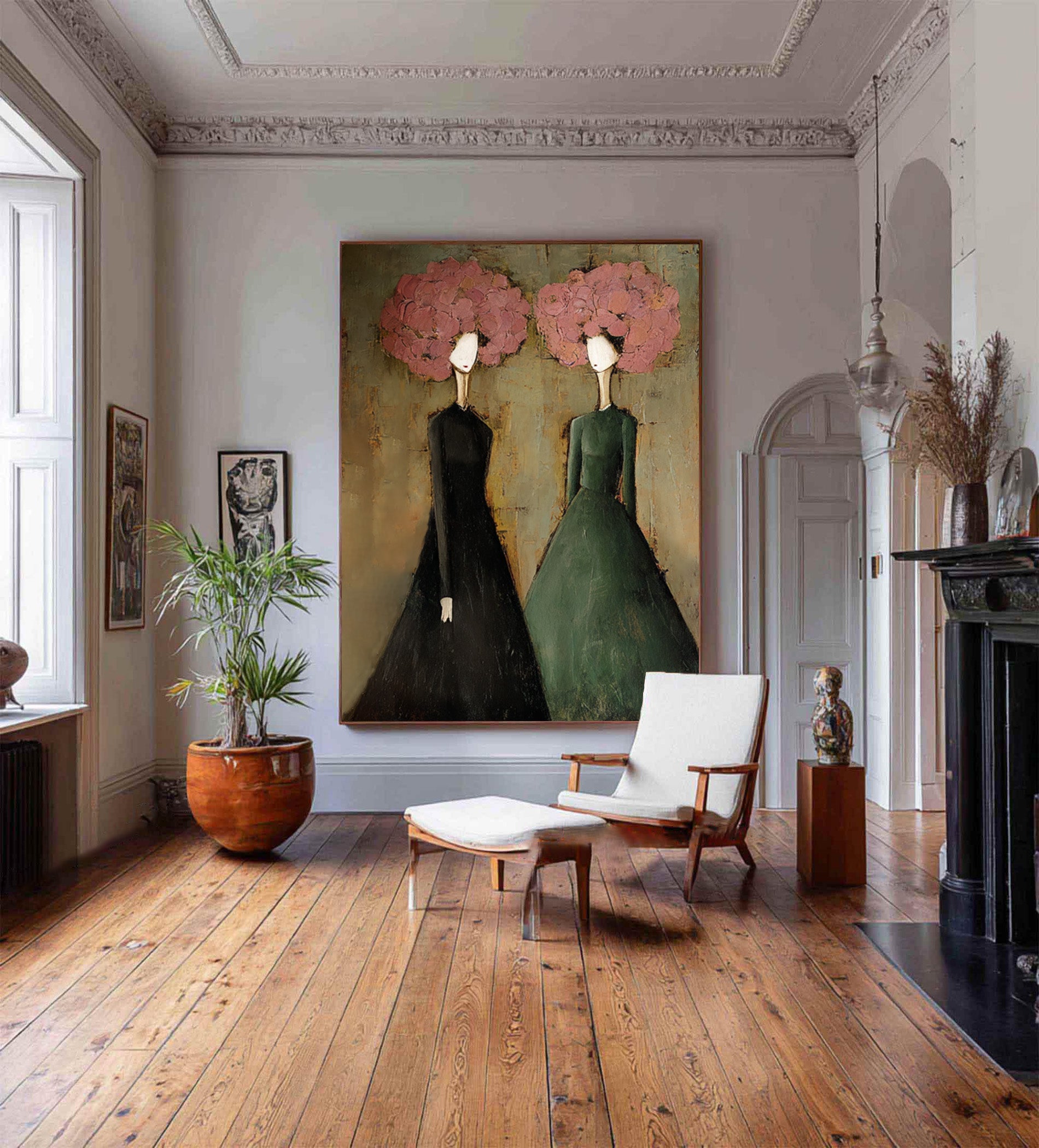 Large Modern Portrait Oil Painting on Canvas – Green Figurative Statement Wall Art #WAC 037