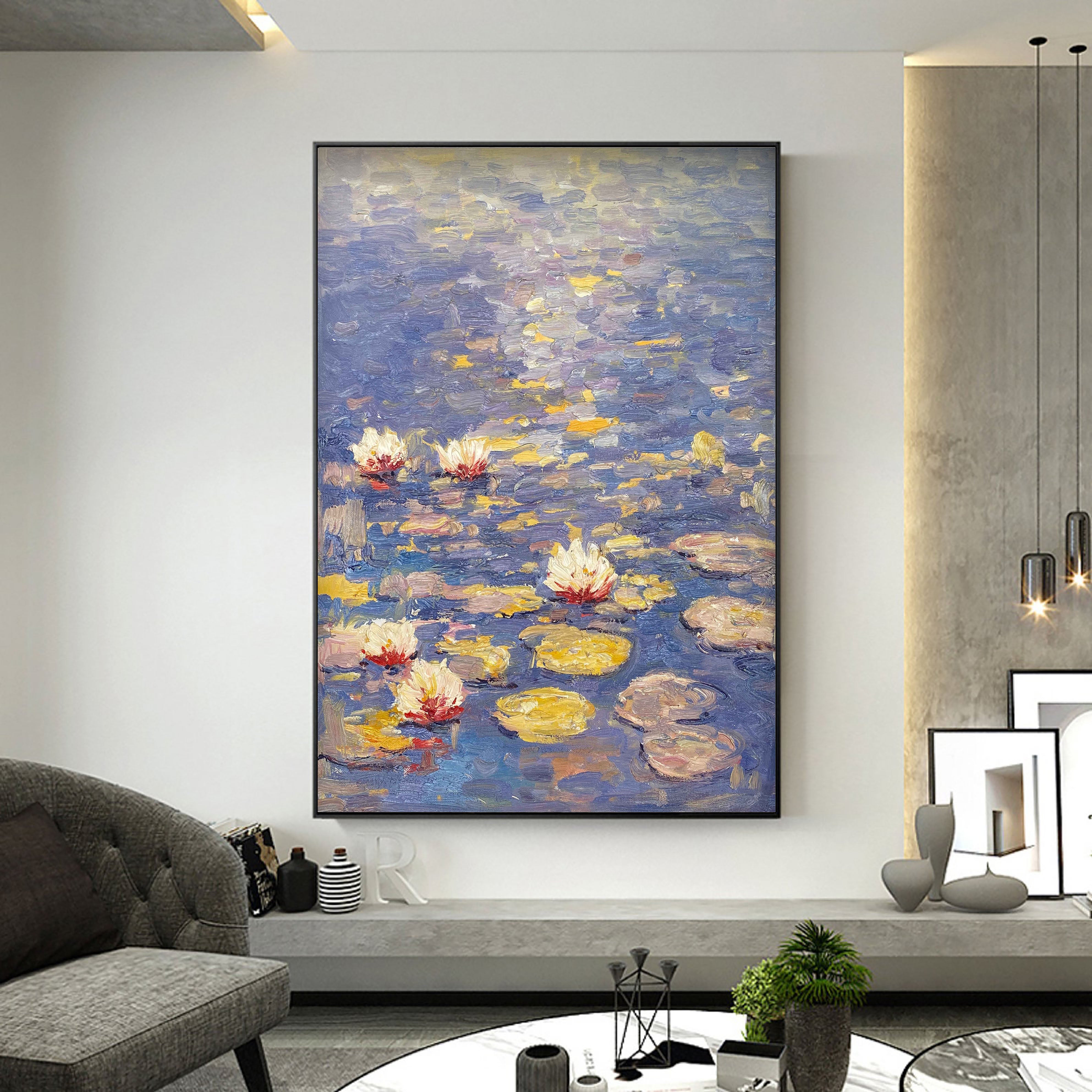 Water Lilies in Blue and Purple, Impressionistic Wall Art #BGA 067