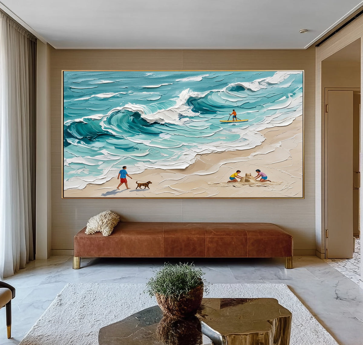 Large Textured Beach Painting Hand Painted Ocean Wave Coastal Wall Art