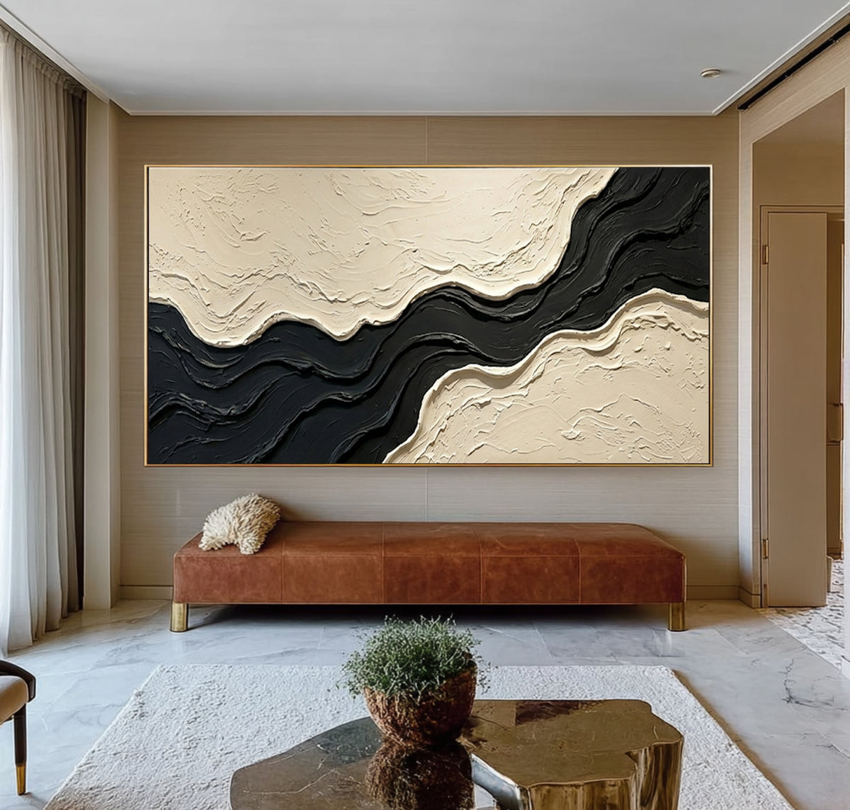 Large Architectural Textured Abstract Wall Art Black Ivory Oil Painting Contemporary Minimalist Artwork Luxury Interior Decor