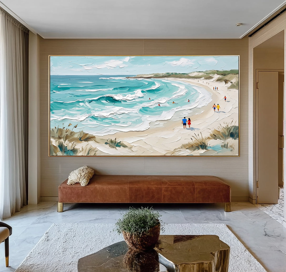 Large Textured Beach Painting Turquoise Ocean Waves Coastal Wall Art