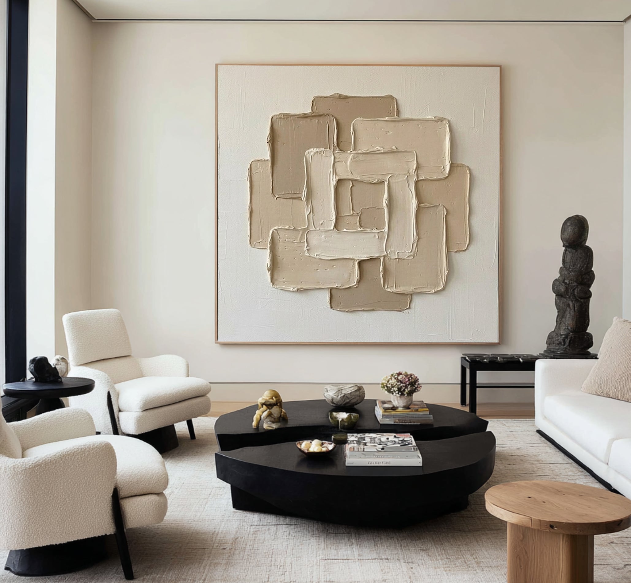 Large Textured Canvas Oil Painting – Minimalist Beige Wall Artwork