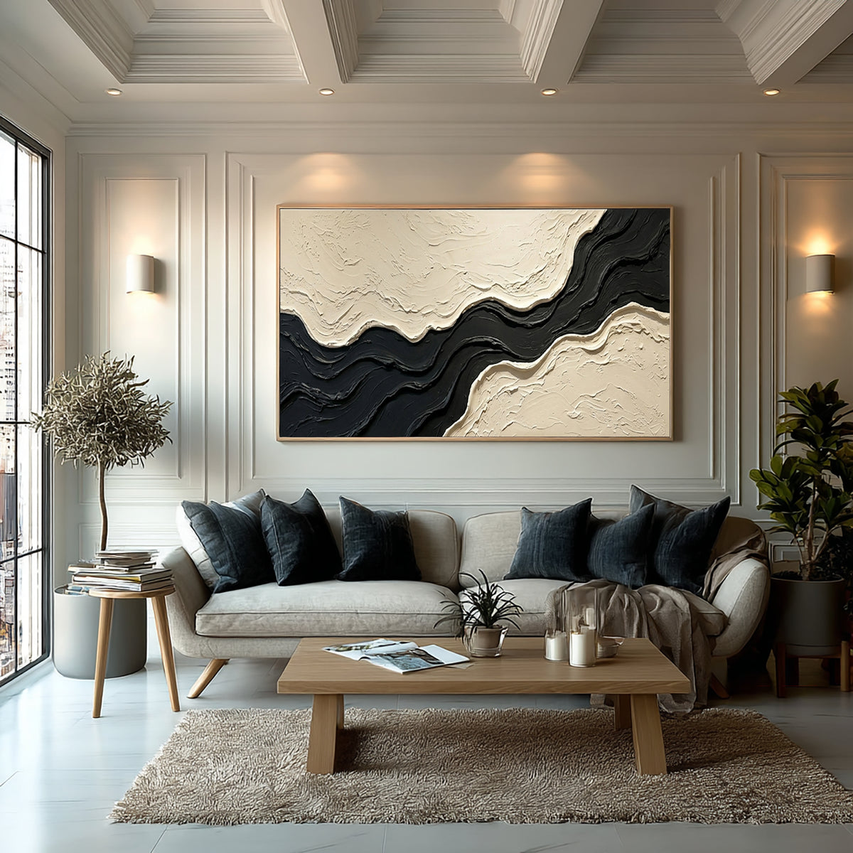 Large Architectural Textured Abstract Wall Art Black Ivory Oil Painting Contemporary Minimalist Artwork Luxury Interior Decor