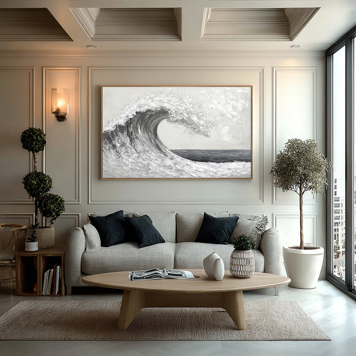 Black White Ocean Wave Textured Oil Painting Large Seascape Wall Art Hand Painted Coastal Artwork