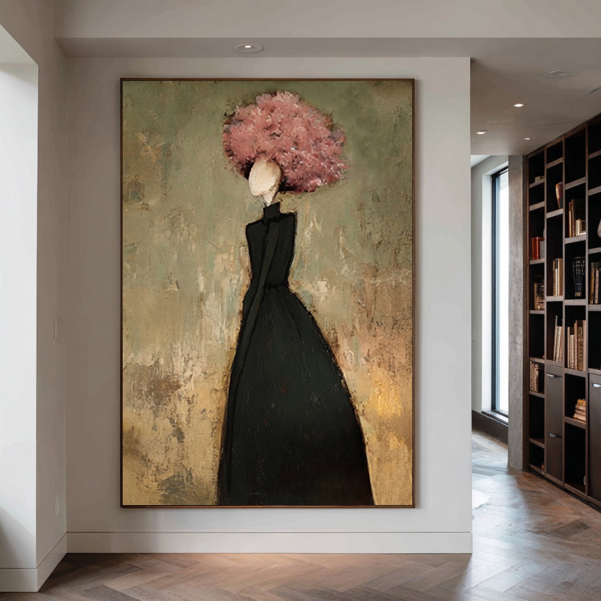 Large Floral Woman Wall Art Black Dress Portrait Oil Painting Modern Abstract Figurative Contemporary Decor