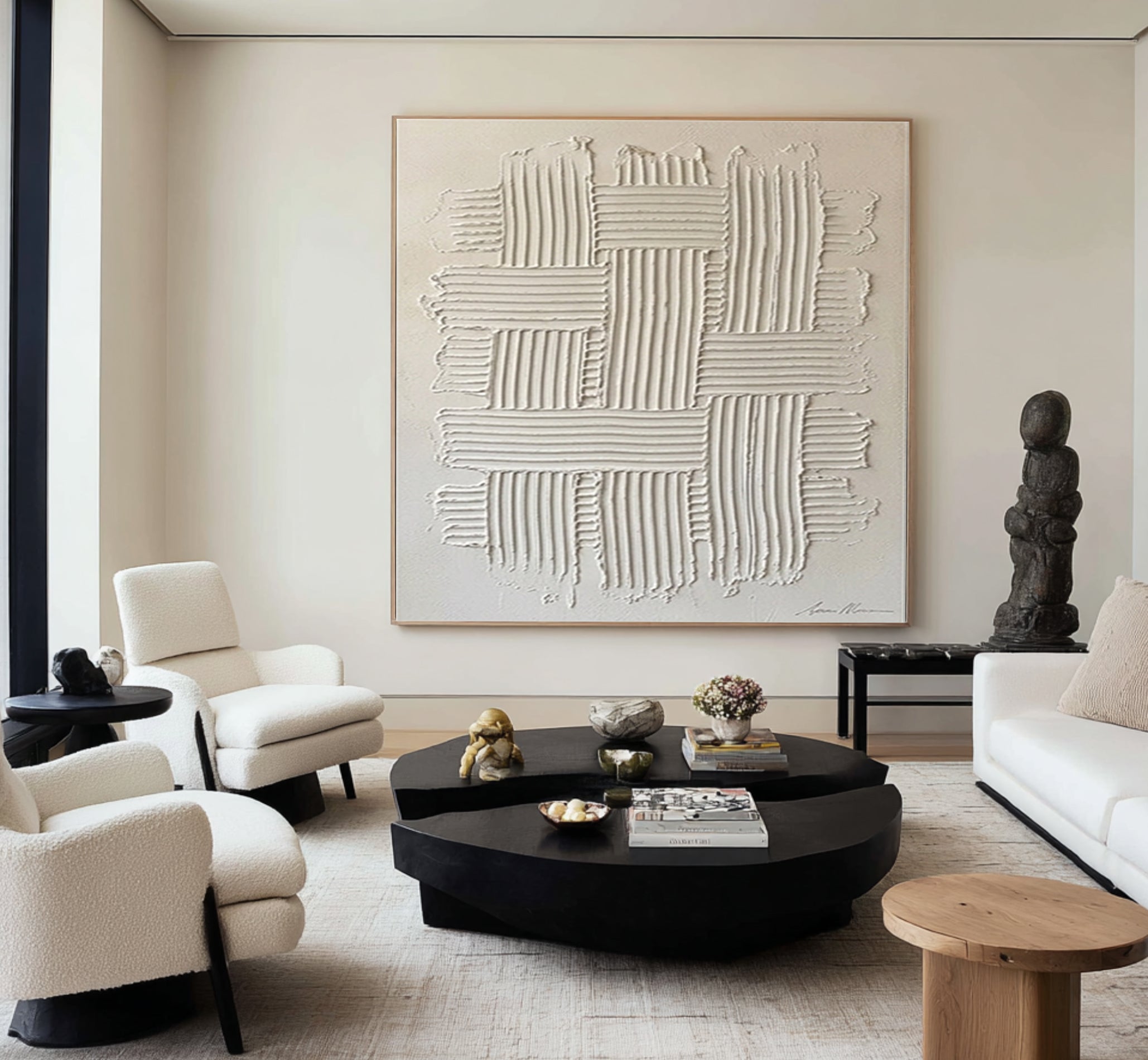 Large Woven Texture Wall Art Hand Painted Neutral Abstract Canvas