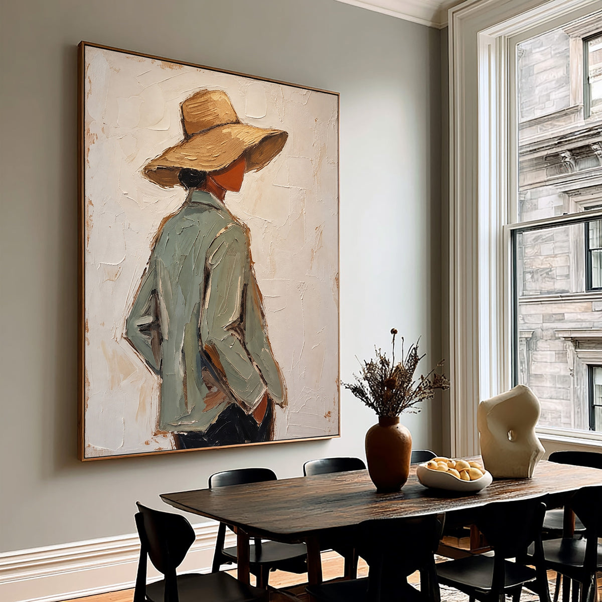 Large Textured Western Oil Painting Cowboy Hat Figurative Wall Art