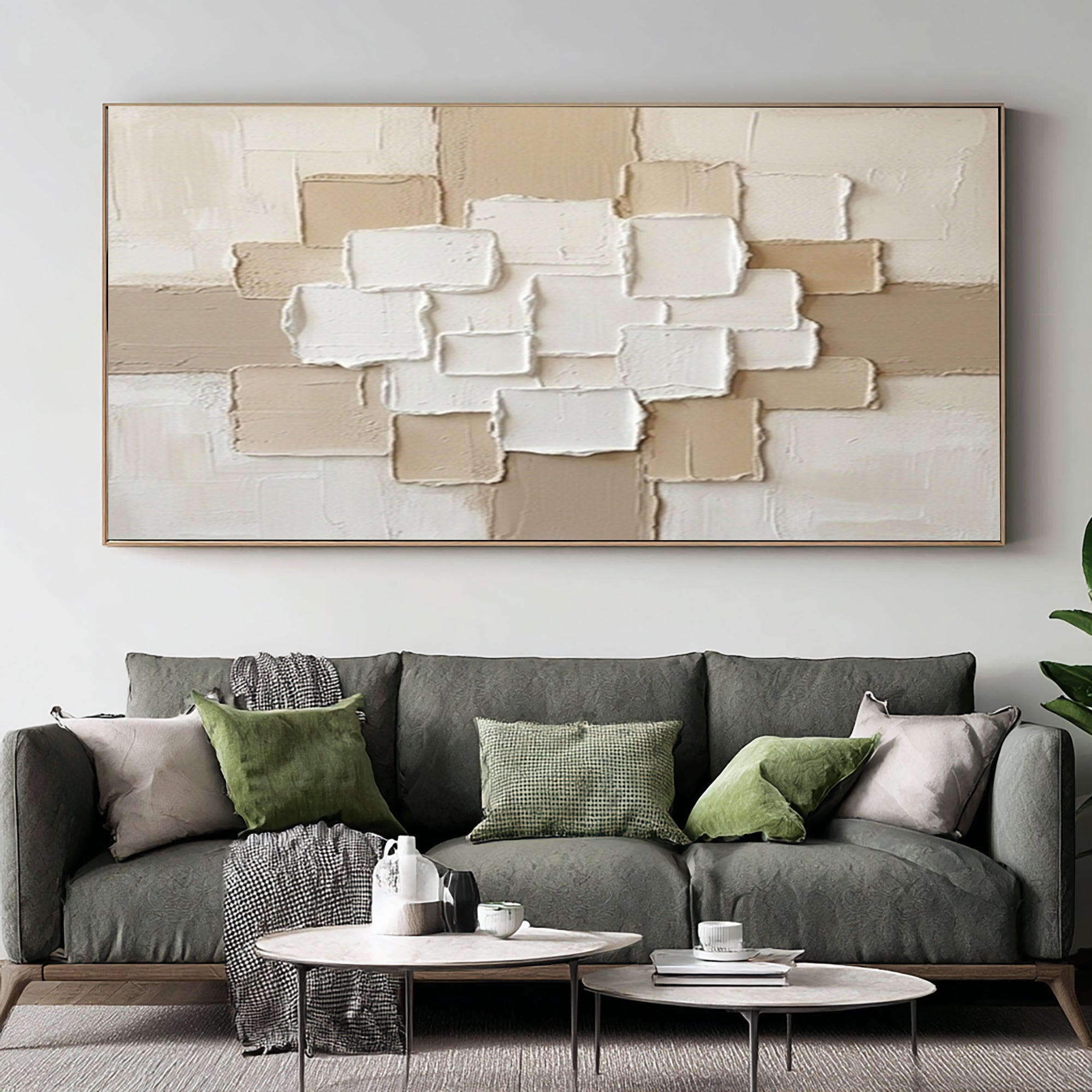 Large Beige Geometric Texture Painting Contemporary Neutral Wall Decor