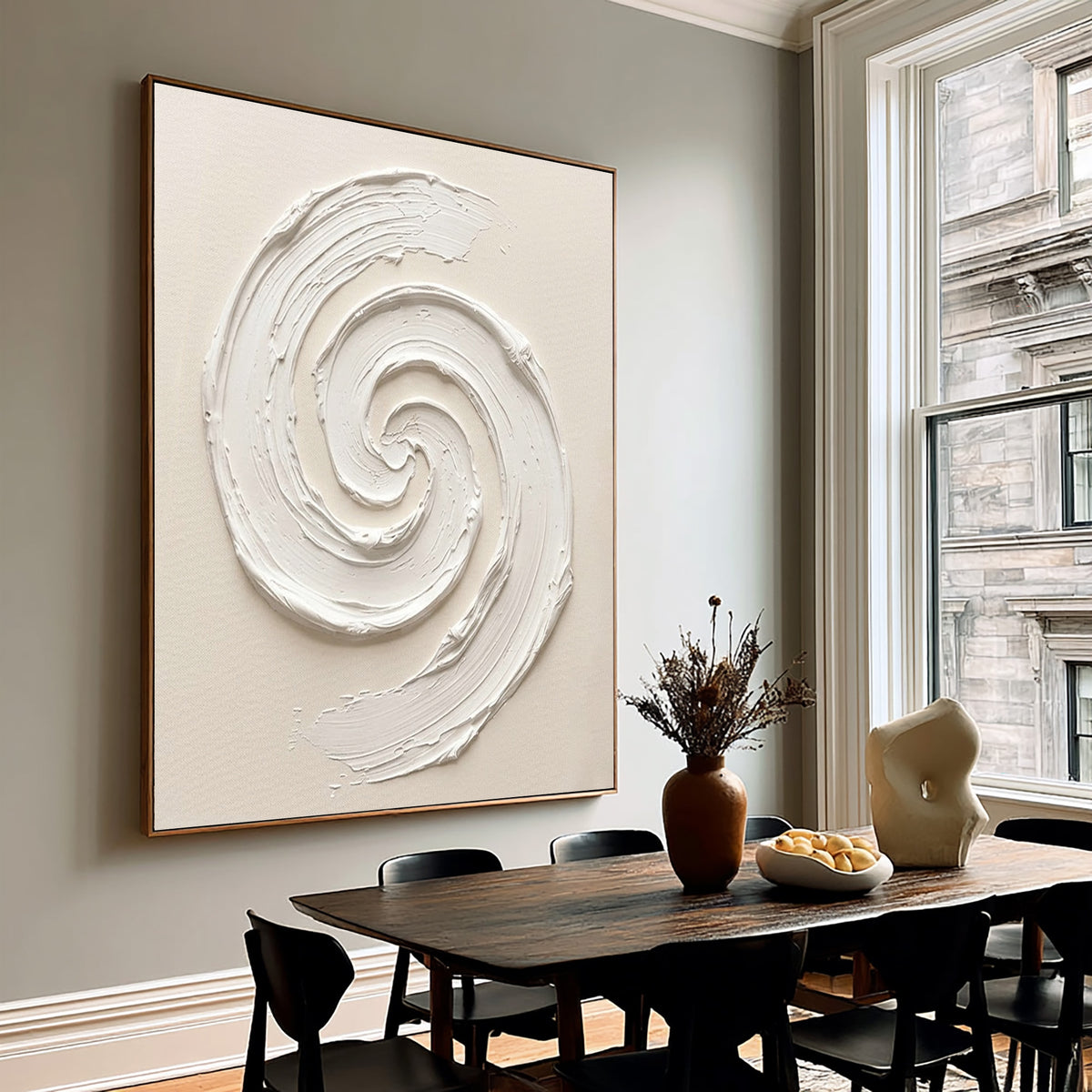 White Textured Abstract Spiral Oil Painting Large Minimalist Wall Art Handmade Impasto Artwork
