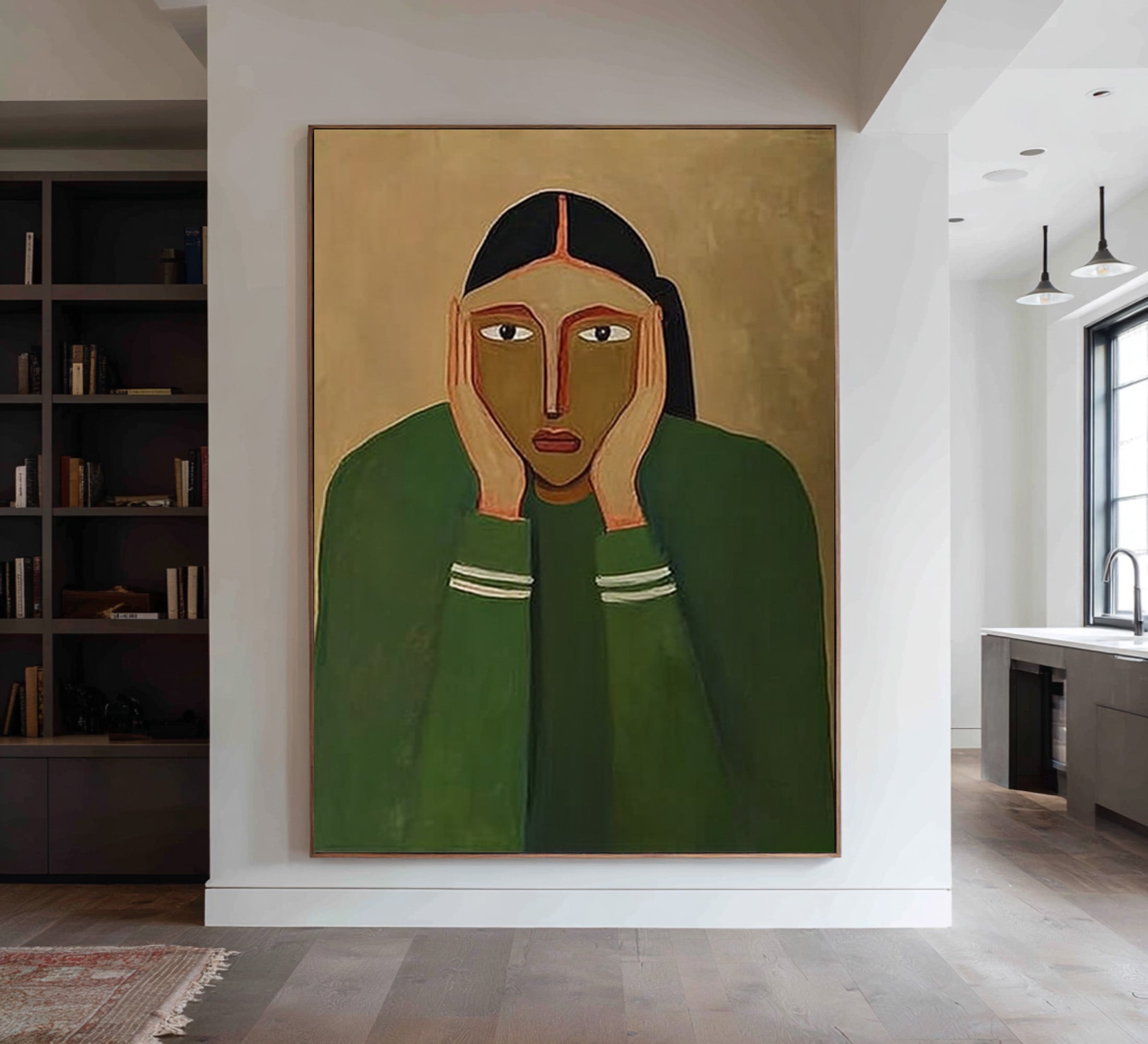 Large Modern Abstract Portrait Oil Painting in Green Tones, Emotional Wall Art for Living Room #WAC 030