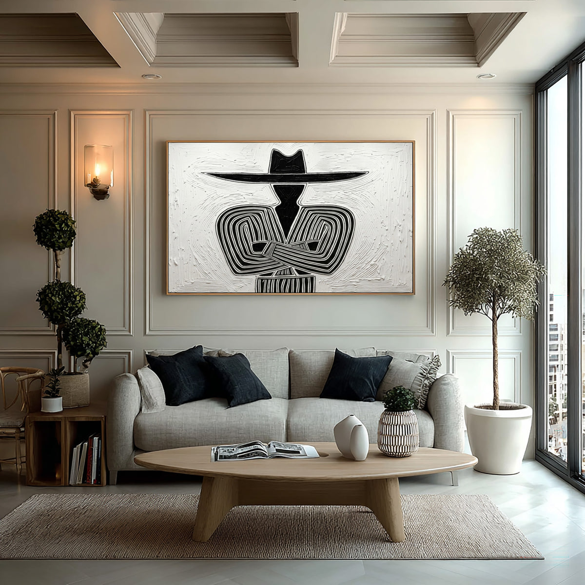 Large Textured Cowboy Portrait Minimalist Black White Western Wall Art