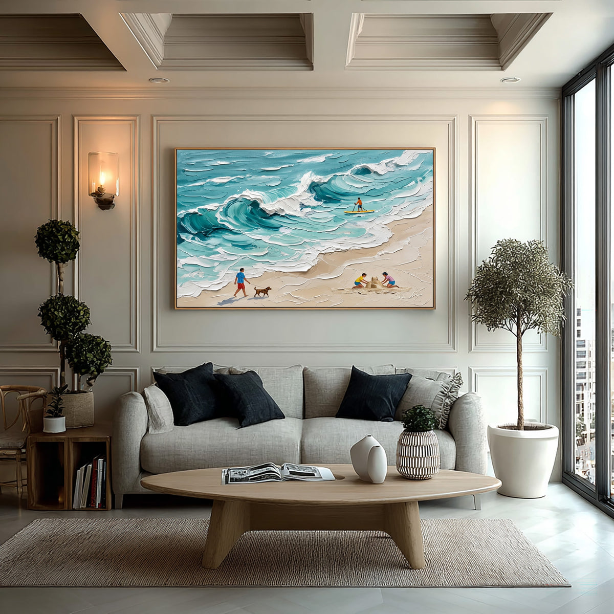 Large Textured Beach Painting Hand Painted Ocean Wave Coastal Wall Art