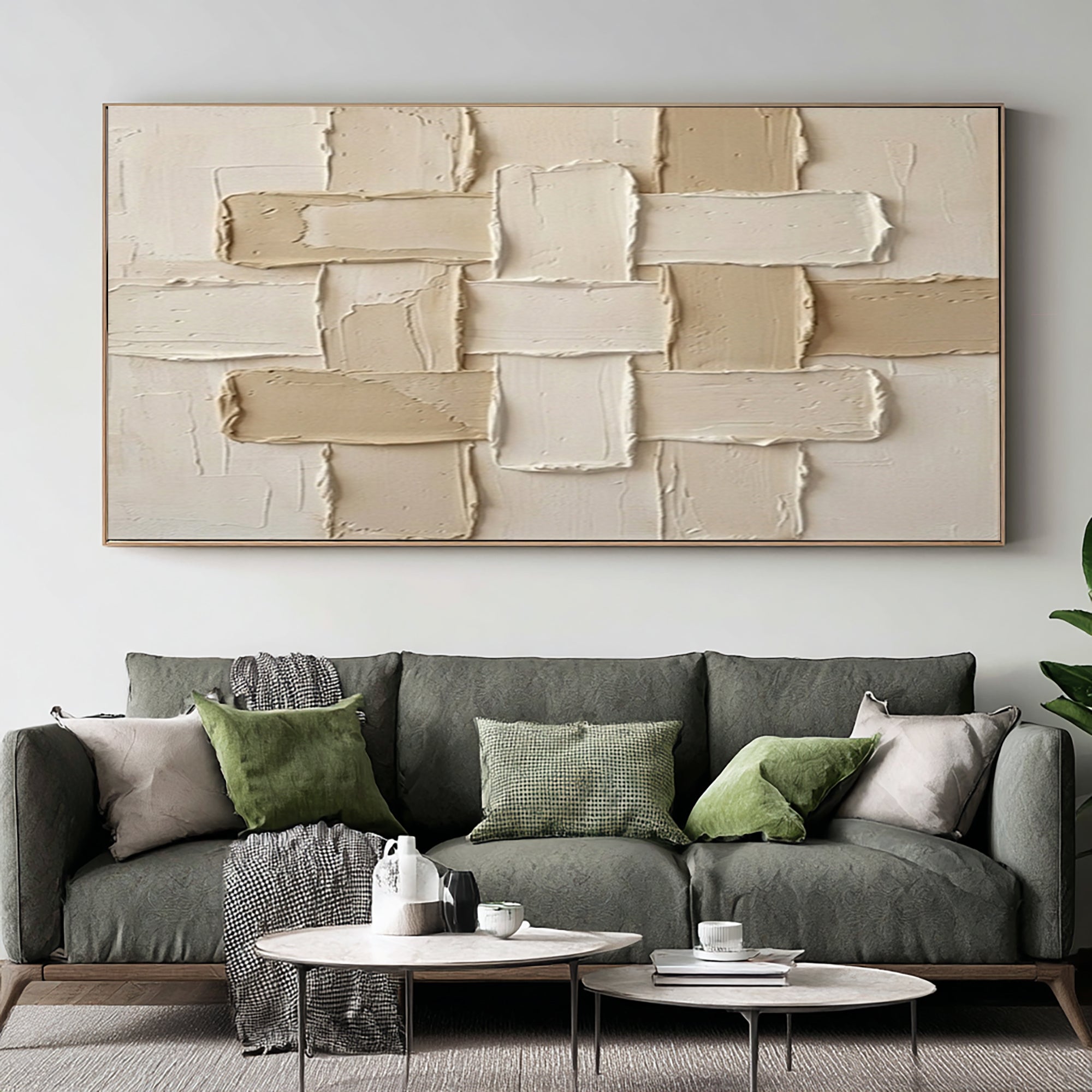 Large Neutral Woven Texture Wall Art Modern Geometric Canvas Painting