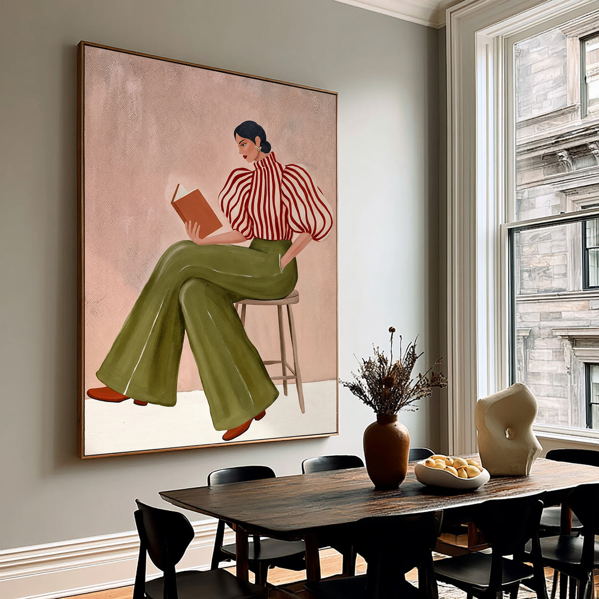 Large Textured Oil Painting Woman Reading Striped Blouse Olive Green Trousers