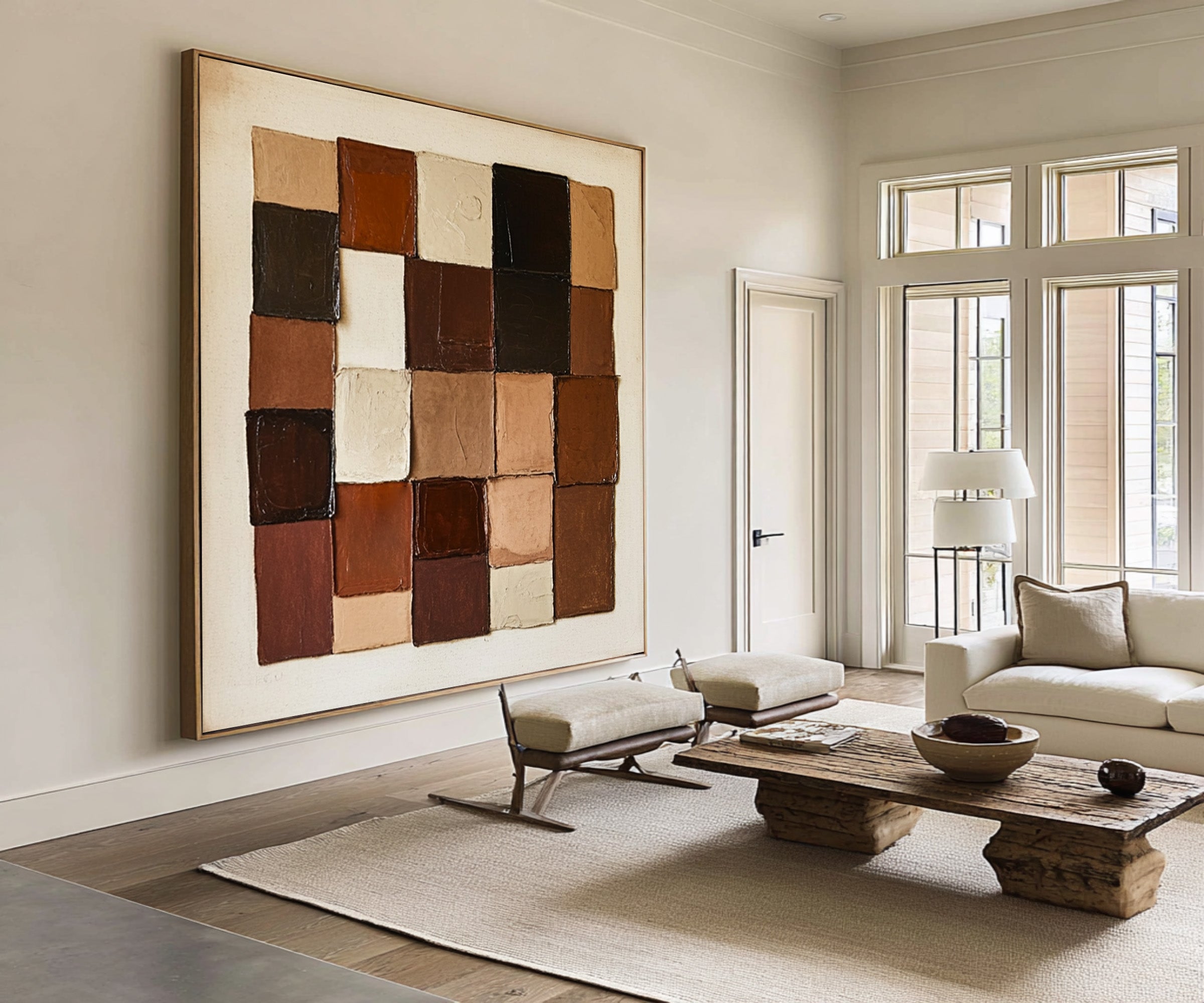Large Geometric Block Abstract Oil Painting, Earth Tone Wall Art for Modern Entryway Decor #WAC 010
