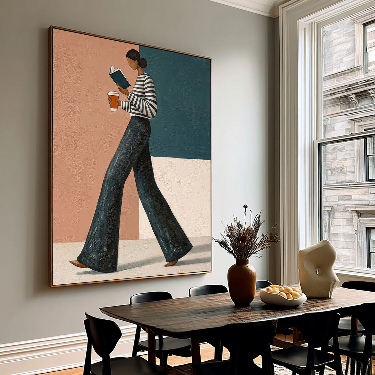 Modern Fashion Woman Reading Book Coffee Wall Art