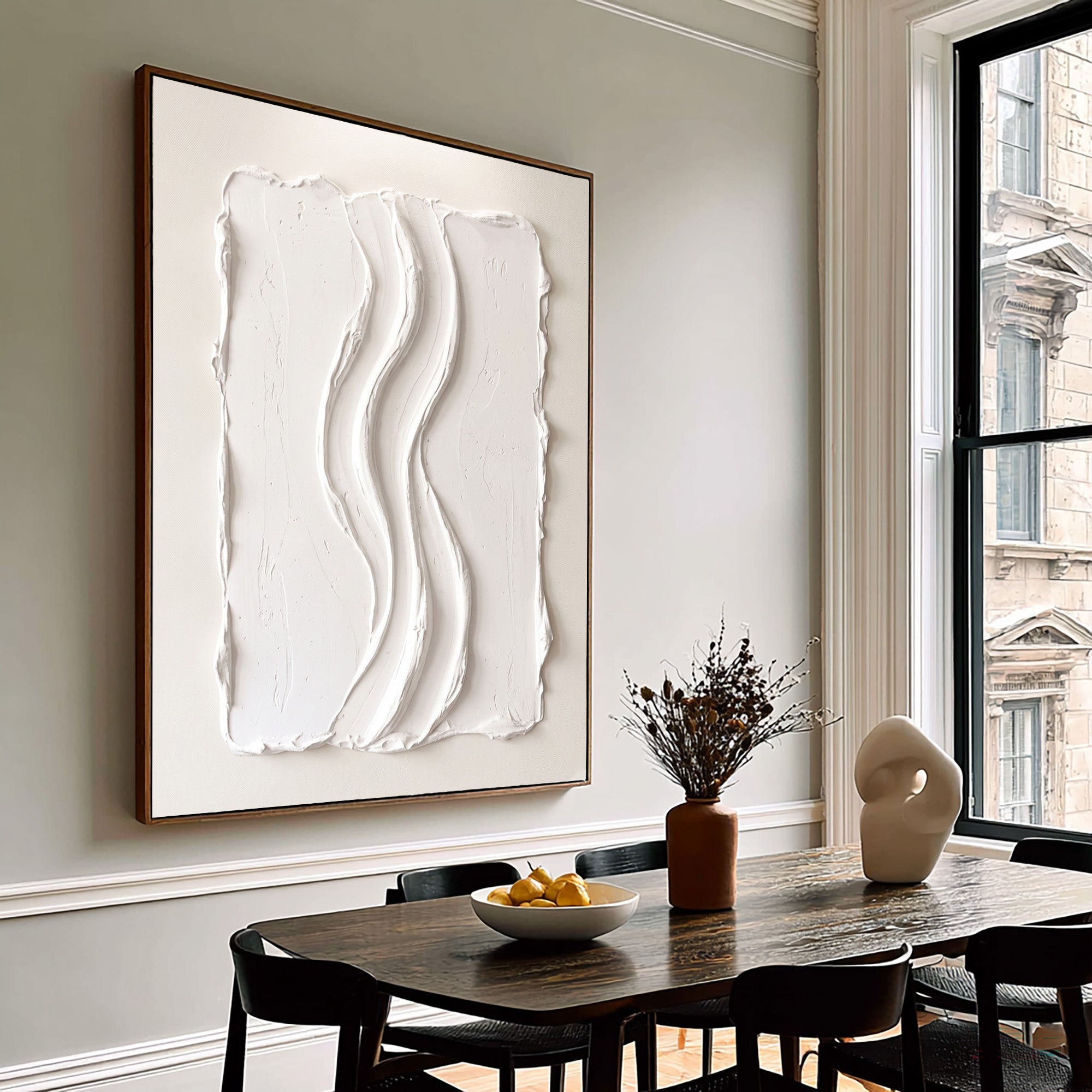 Large White Textured Wall Art Abstract Oil Painting Vertical Flow Sculpture Minimalist Modern Contemporary Interior Decor