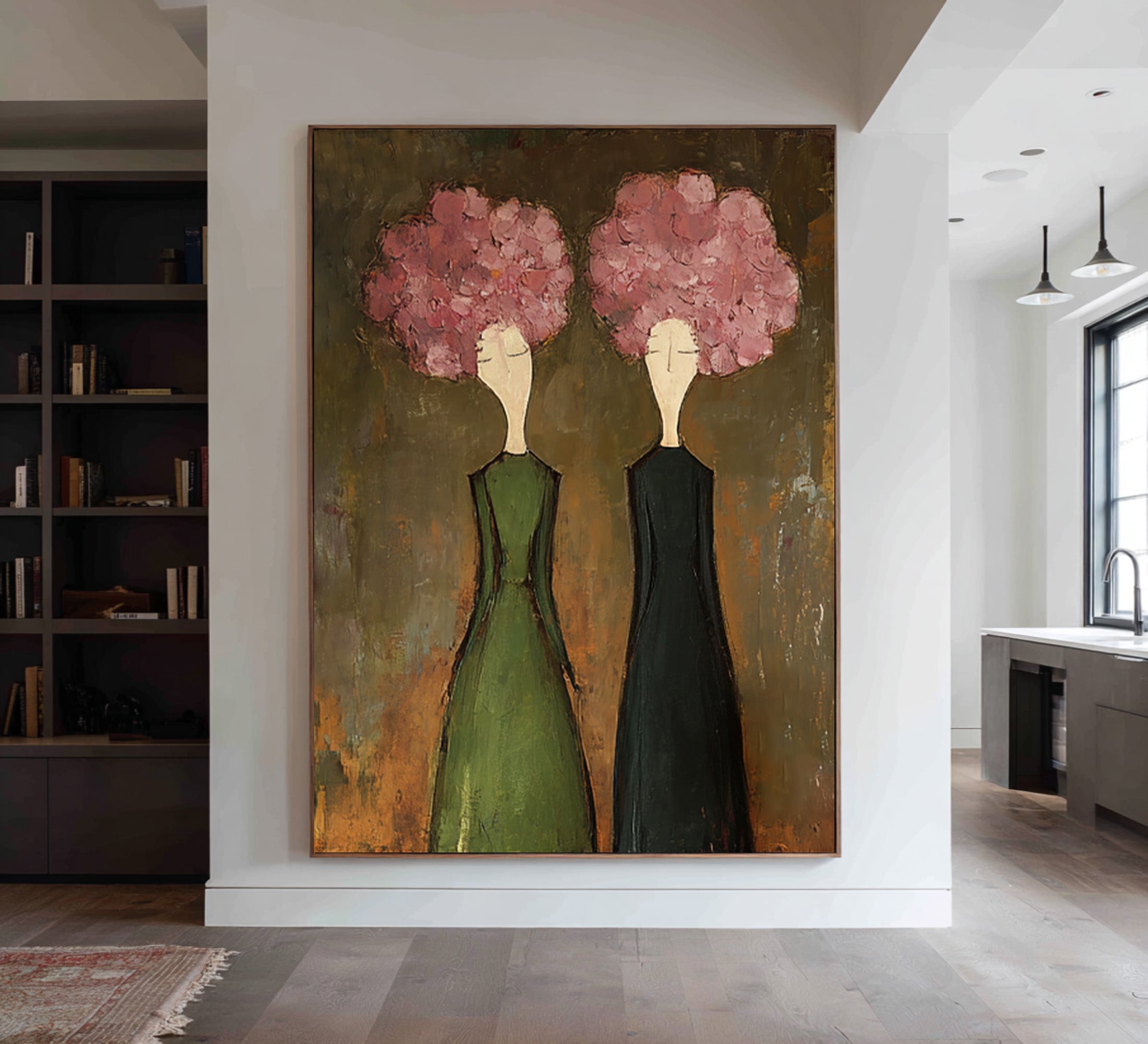Large Modern Floral Portrait Oil Painting on Canvas – Green Dress Statement Wall Art #WAC 042