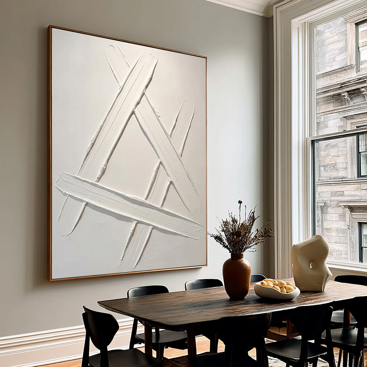 Intersecting Lines Minimalist Textured Abstract Artwork Handmade White Contemporary Geometric Wall Painting