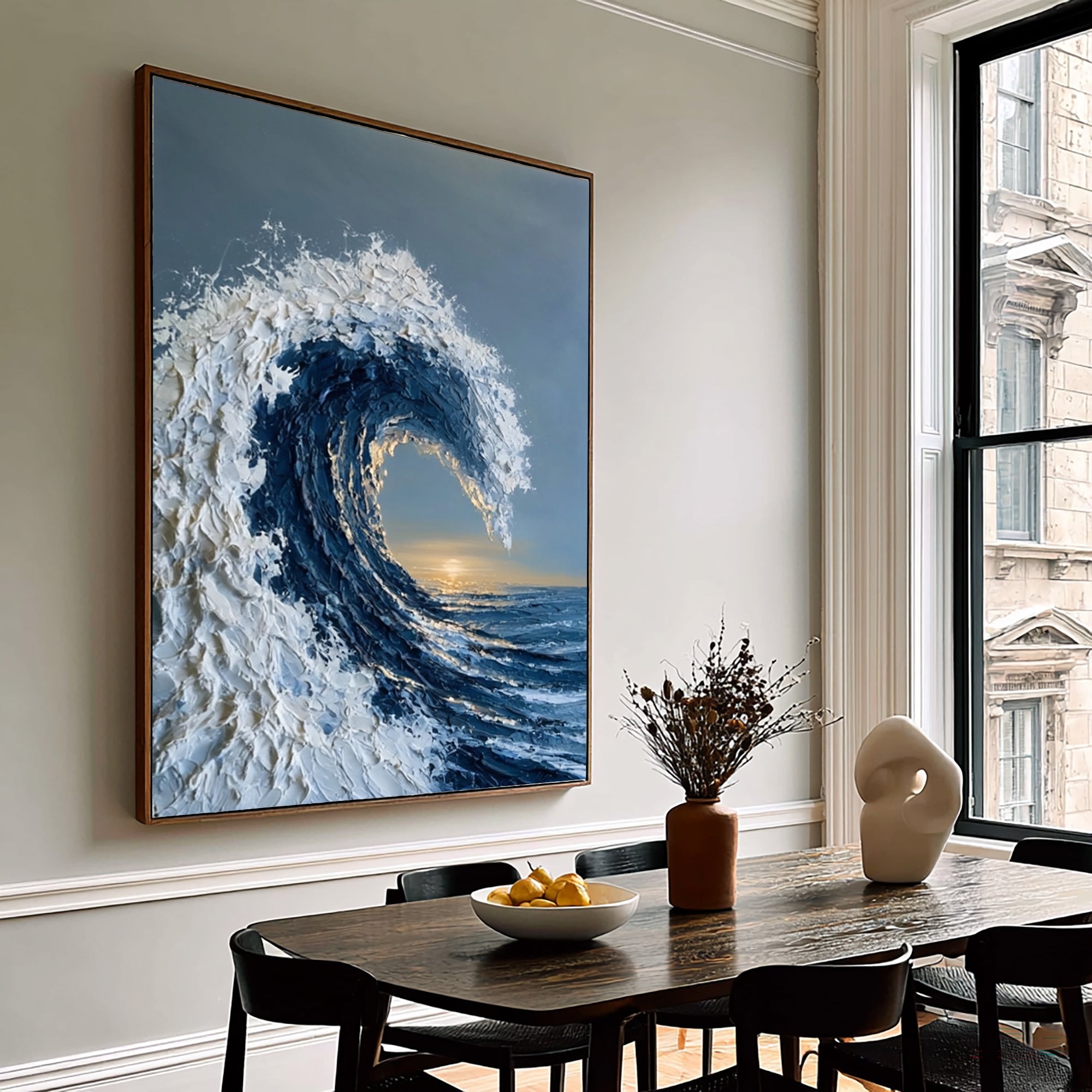 Large Ocean Wave Wall Art Textured Oil Painting Coastal Seascape Golden Horizon Blue Sea Abstract Artwork Modern Luxury Decor
