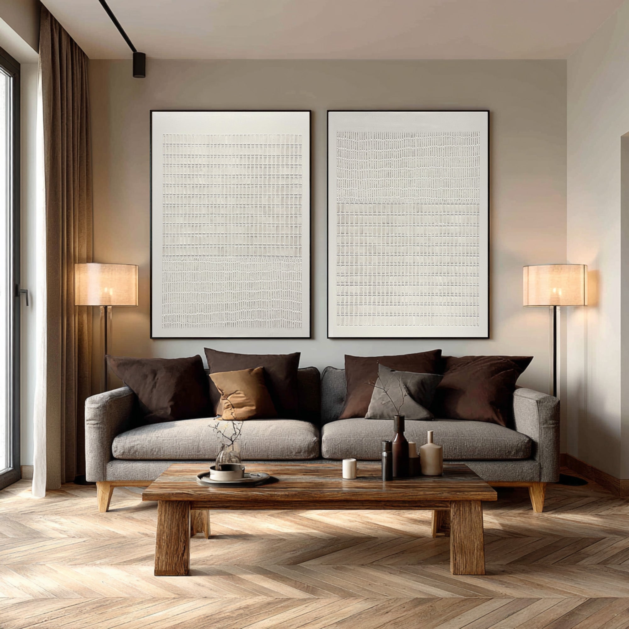 Large Minimal Abstract Oil Painting Set, Beige Grid Textured Wall Art for Living Room Decor #WAC 019