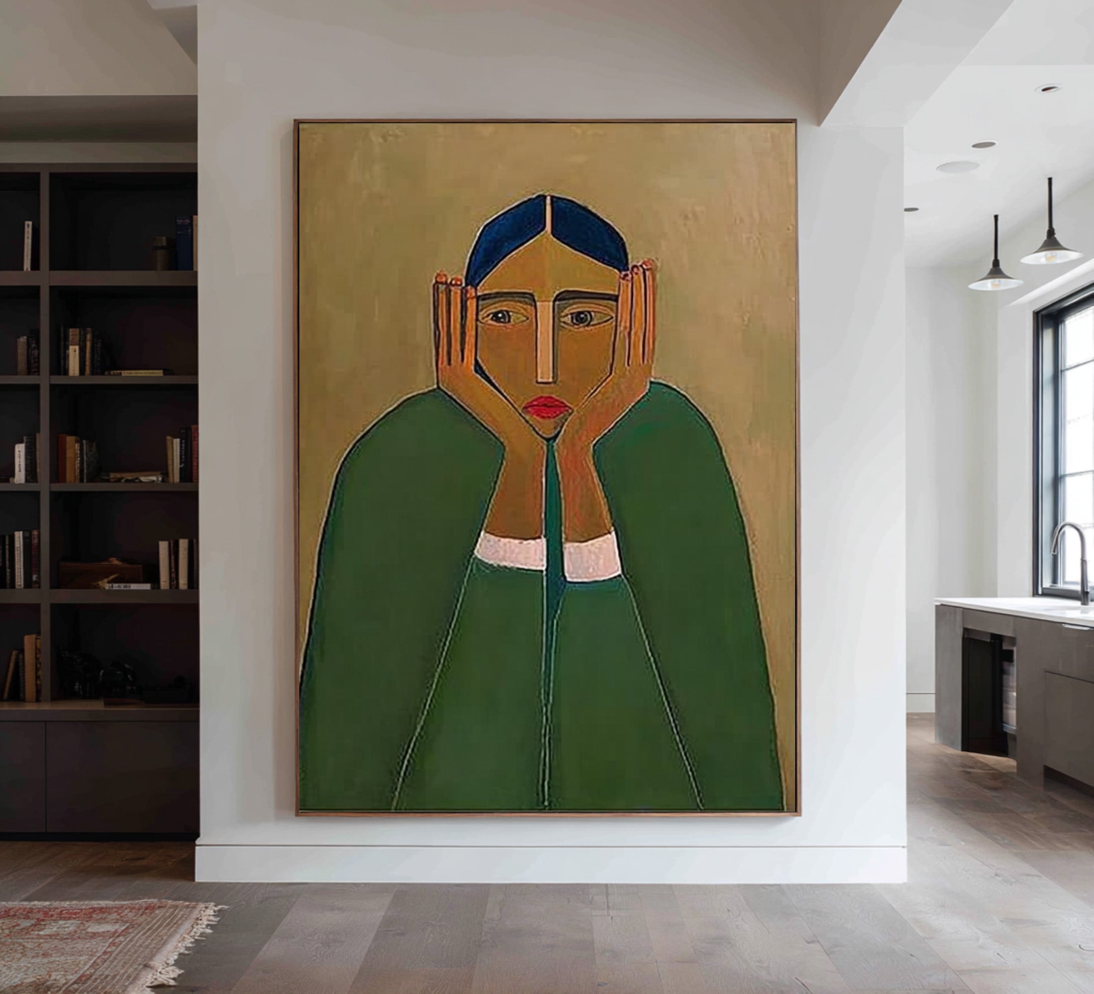 Large Abstract Portrait Oil Painting on Canvas – Green Figurative Statement Wall Art #WAC 032