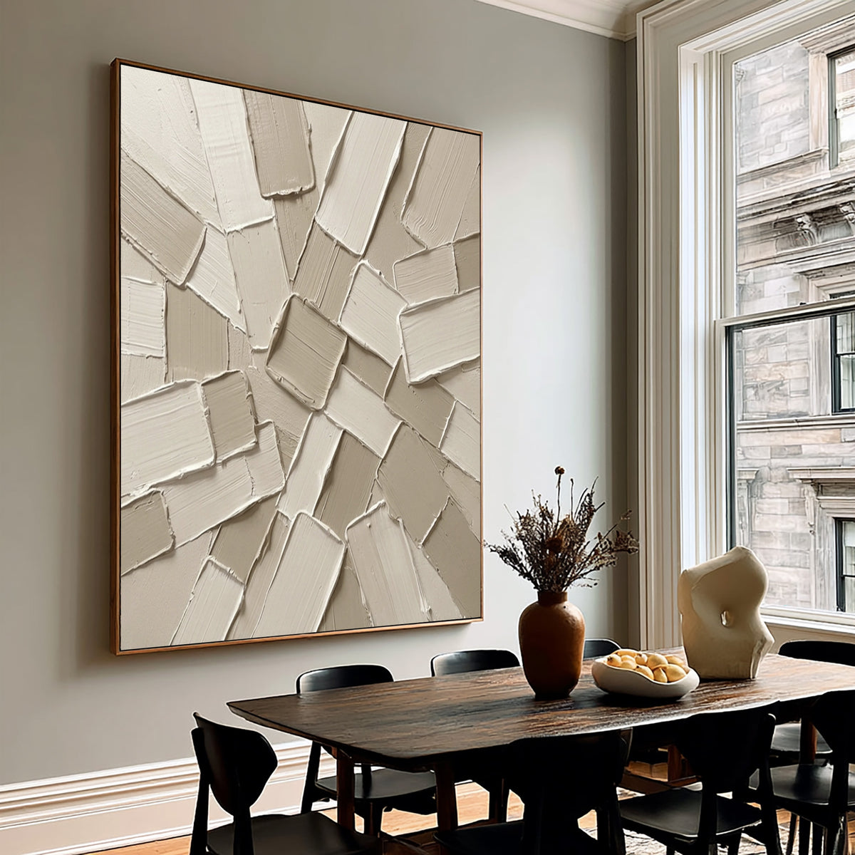 Fragments Converging Around A Quiet Core Large Textured Abstract Wall Art Neutral Sculptural Relief